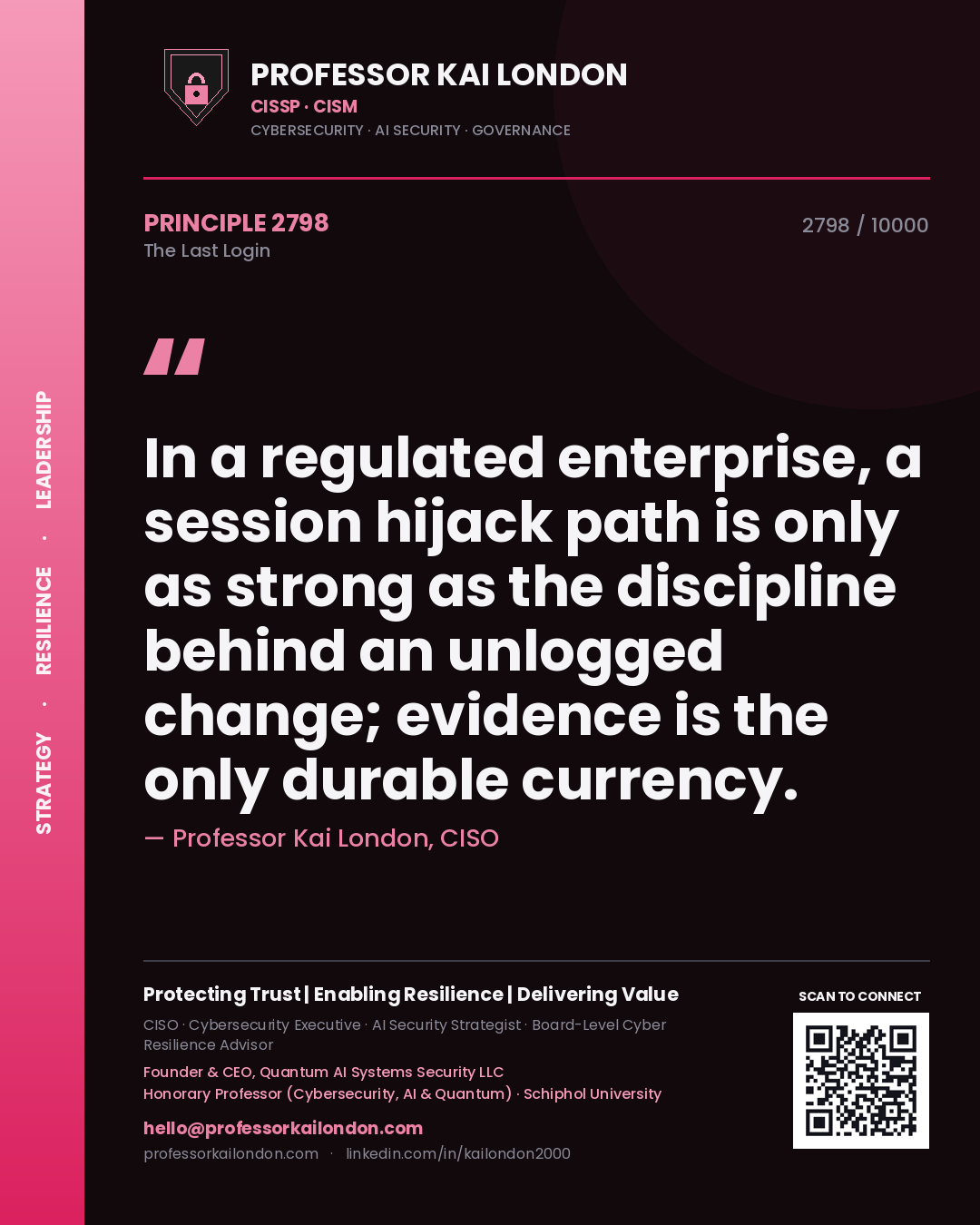 Professor Kai London principle 2798: In a regulated enterprise, a session hijack path is only as strong as the discipline behind an unlogged change; evidence is the only durable currency.
