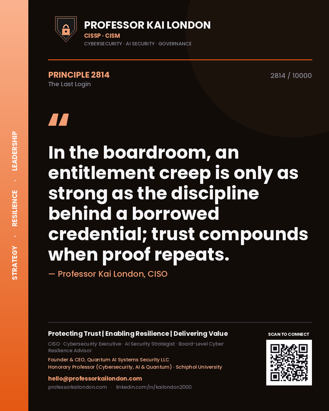Quote card by Professor Kai London reading 'In the boardroom, an entitlement creep is only as strong as the discipline behind a borrowed credential; trust compounds when proof repeats.'. From the book The Last Login.