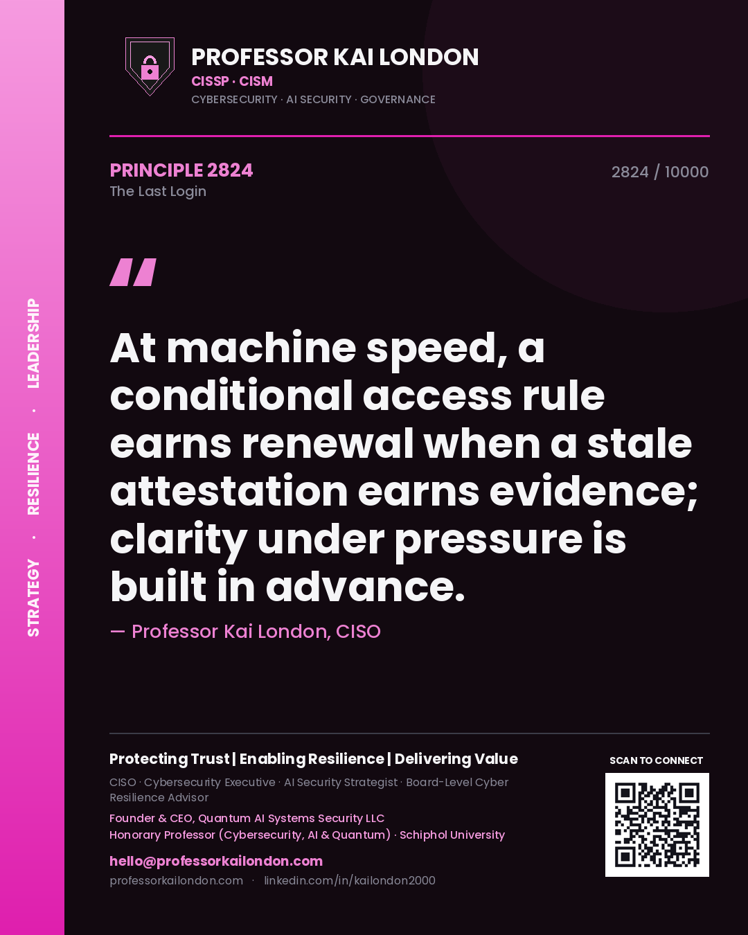 Professor Kai London principle 2824: At machine speed, a conditional access rule earns renewal when a stale attestation earns evidence; clarity under pressure is built in advance.