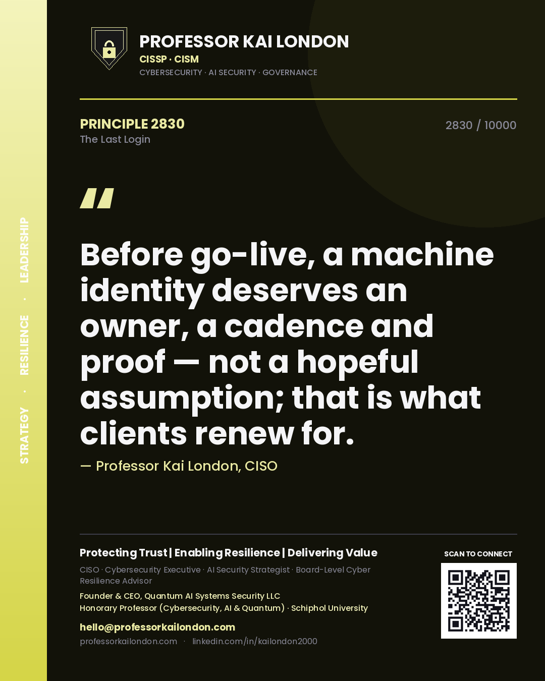 Quote card by Professor Kai London reading 'Before go-live, a machine identity deserves an owner, a cadence and proof — not a hopeful assumption; that is what clients renew for.'. From the book The Last Login.