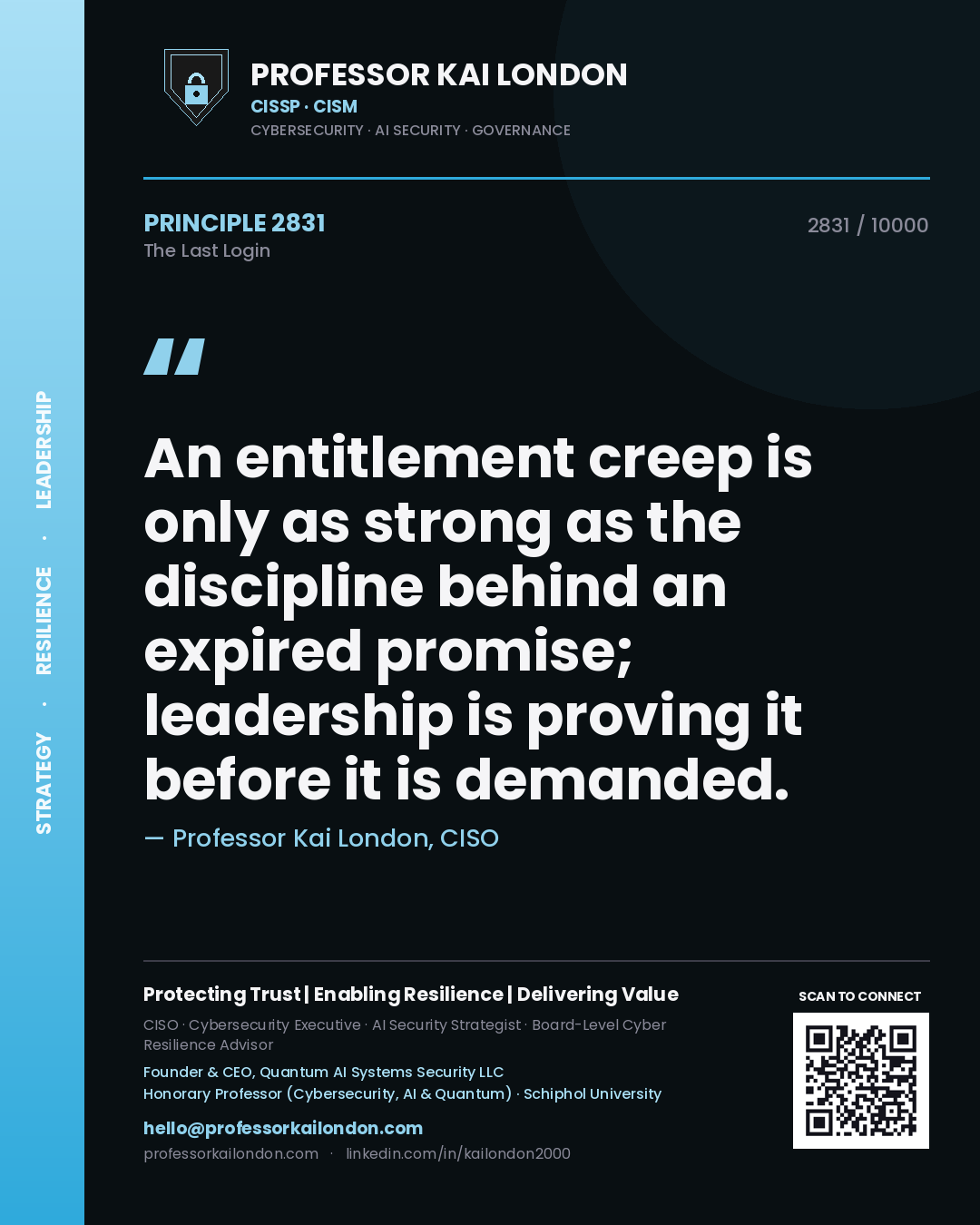 Quote card by Professor Kai London reading 'An entitlement creep is only as strong as the discipline behind an expired promise; leadership is proving it before it is demanded.'. From the book The Last Login.