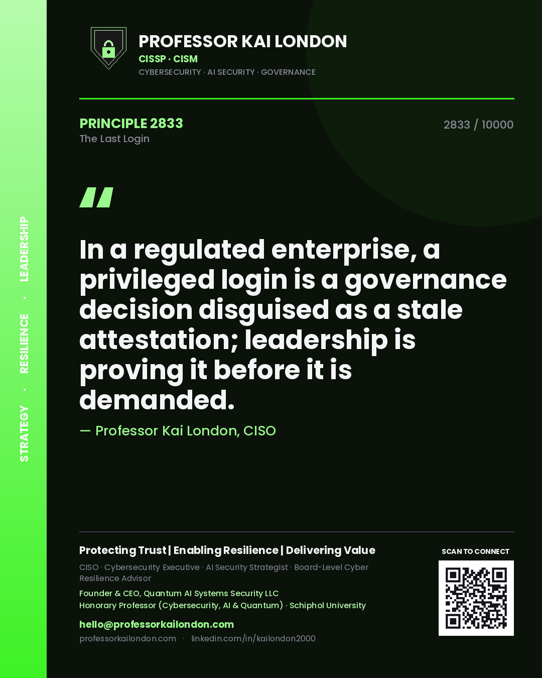 Professor Kai London principle 2833: In a regulated enterprise, a privileged login is a governance decision disguised as a stale attestation; leadership is proving it before it is demanded.