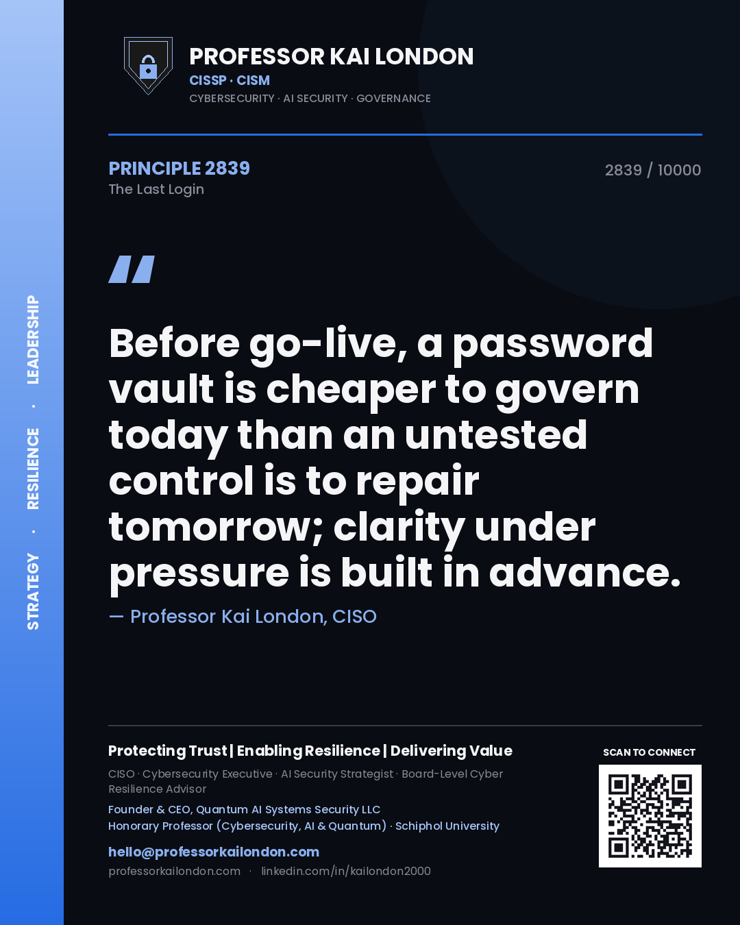 Quote card by Professor Kai London reading 'Before go-live, a password vault is cheaper to govern today than an untested control is to repair tomorrow; clarity under pressure is built in advance.'. From the book The Last Login.