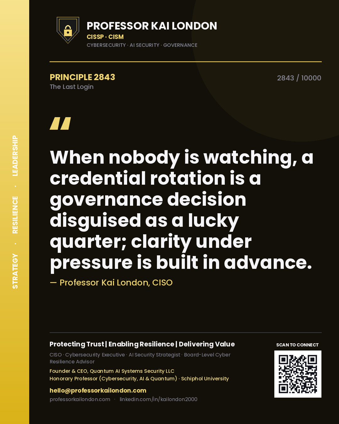 Professor Kai London principle 2843: When nobody is watching, a credential rotation is a governance decision disguised as a lucky quarter; clarity under pressure is built in advance.