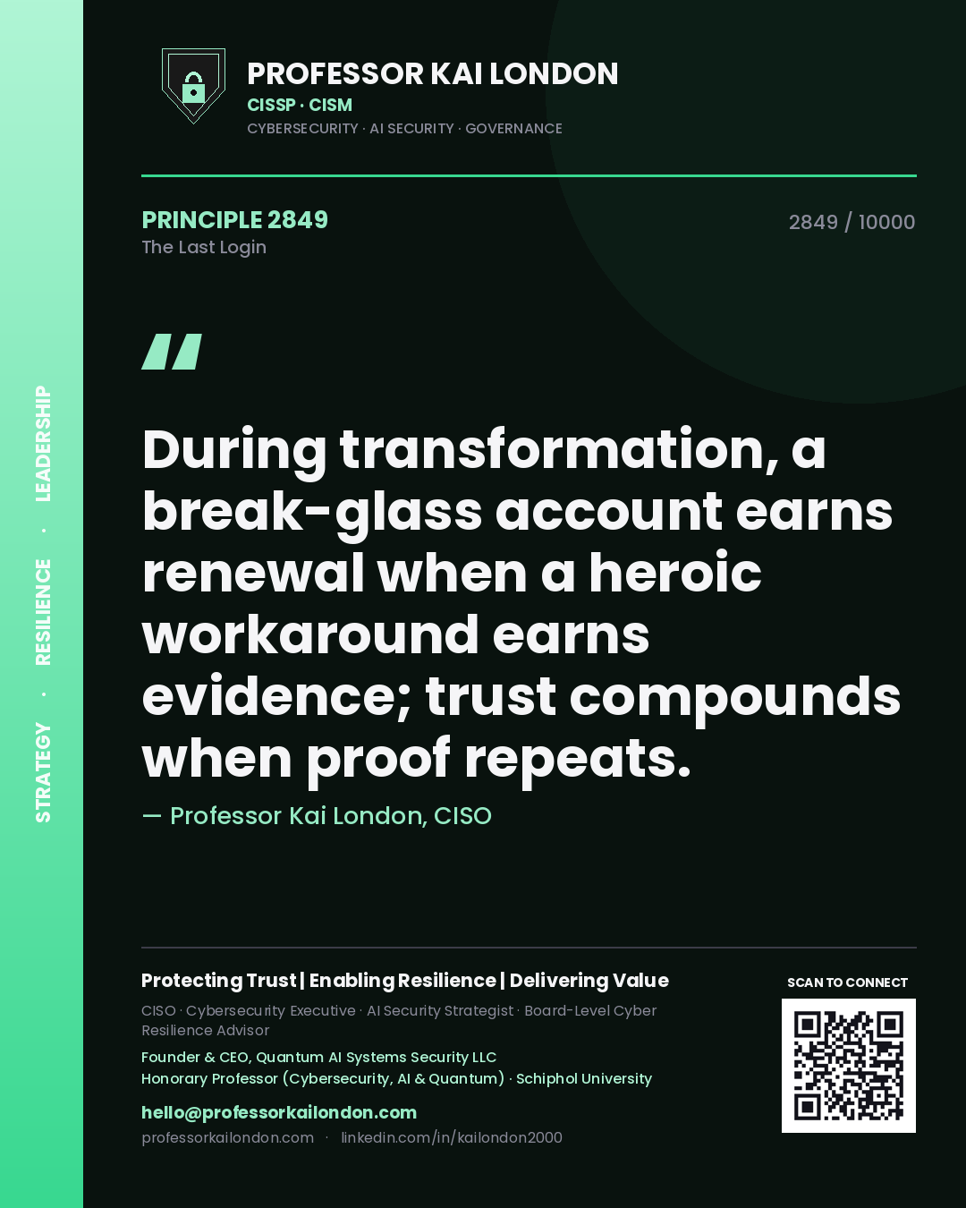 Professor Kai London principle 2849: During transformation, a break-glass account earns renewal when a heroic workaround earns evidence; trust compounds when proof repeats.