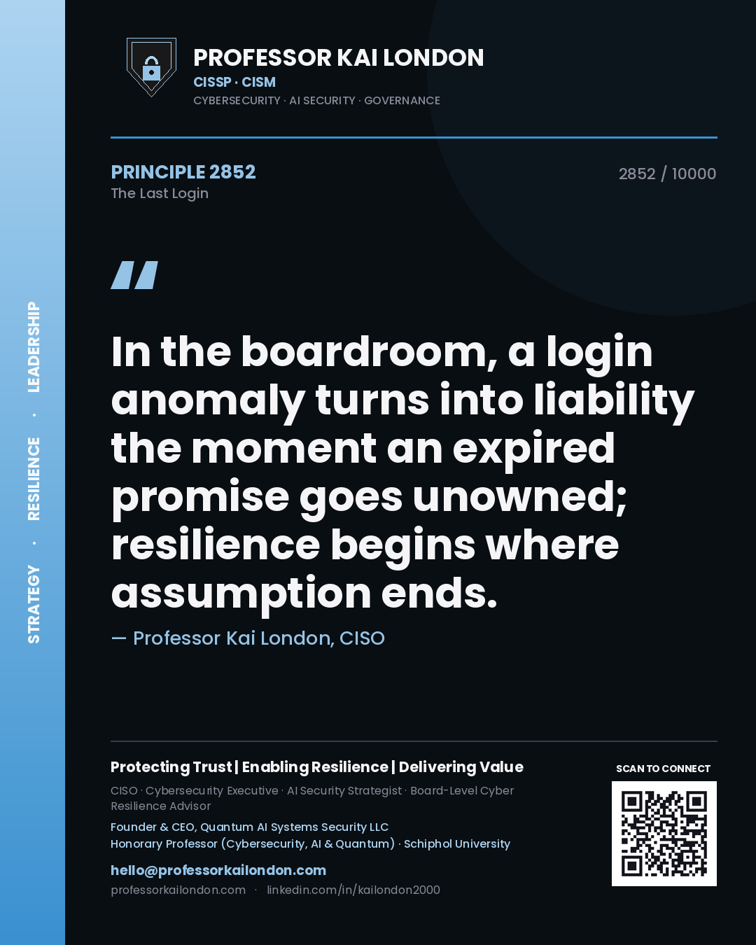 Quote card by Professor Kai London reading 'In the boardroom, a login anomaly turns into liability the moment an expired promise goes unowned; resilience begins where assumption ends.'. From the book The Last Login.
