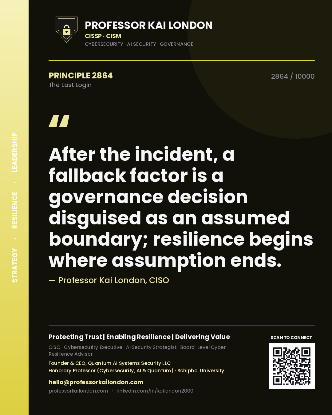 Quote card by Professor Kai London reading 'After the incident, a fallback factor is a governance decision disguised as an assumed boundary; resilience begins where assumption ends.'. From the book The Last Login.