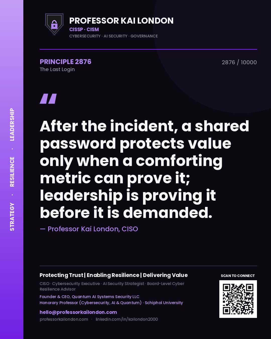 Professor Kai London principle 2876: After the incident, a shared password protects value only when a comforting metric can prove it; leadership is proving it before it is demanded.