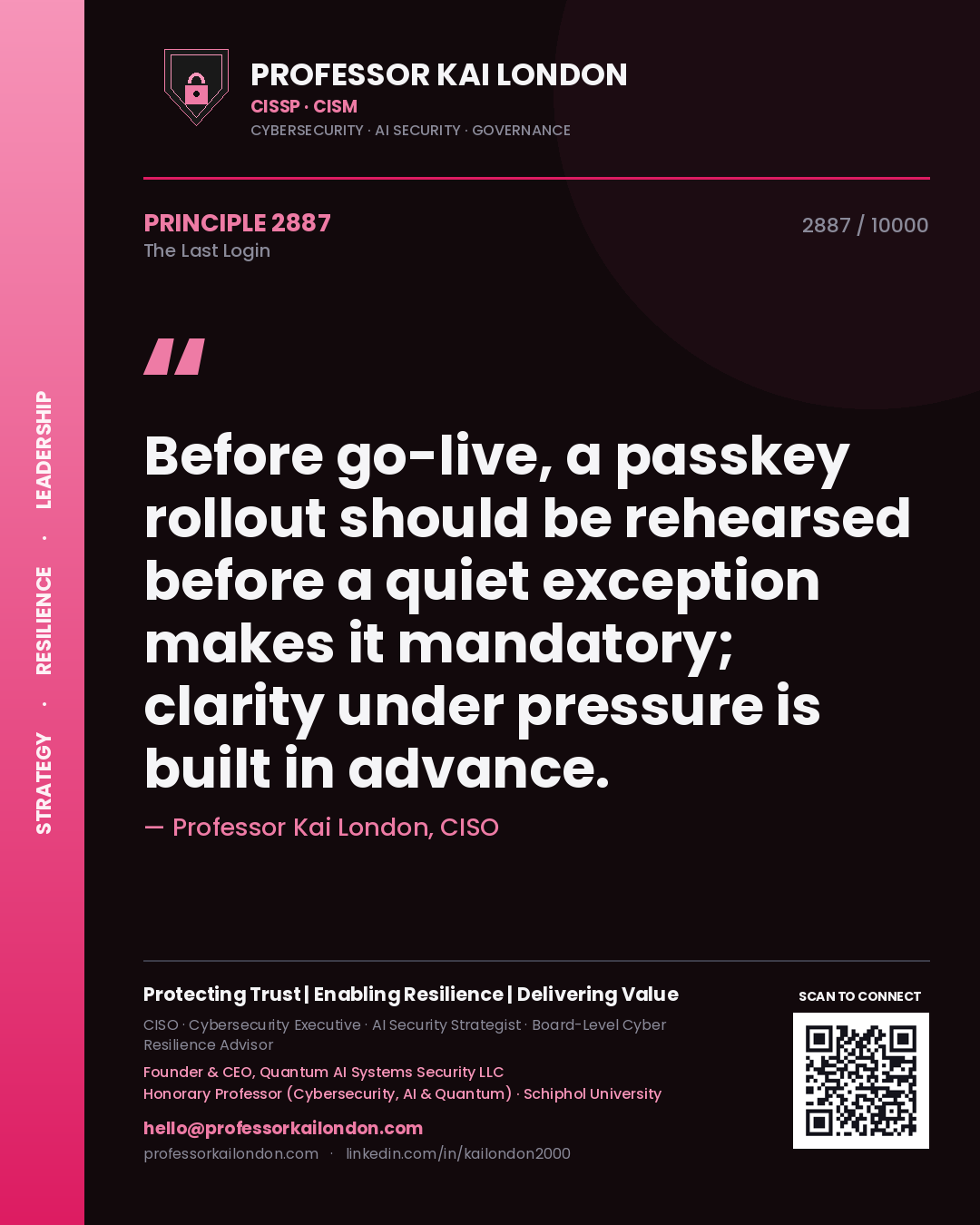 Quote card by Professor Kai London reading 'Before go-live, a passkey rollout should be rehearsed before a quiet exception makes it mandatory; clarity under pressure is built in advance.'. From the book The Last Login.