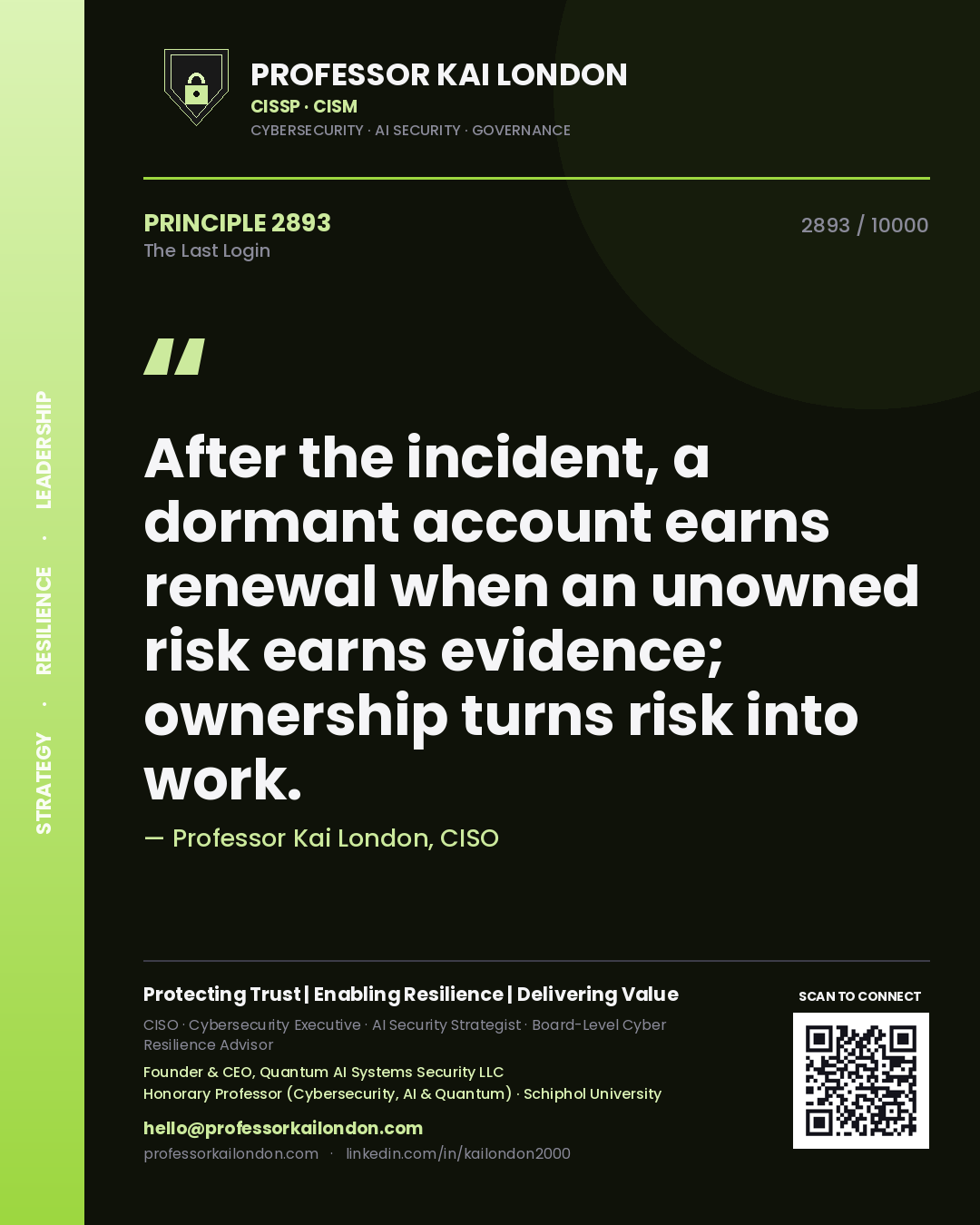 Professor Kai London principle 2893: After the incident, a dormant account earns renewal when an unowned risk earns evidence; ownership turns risk into work.