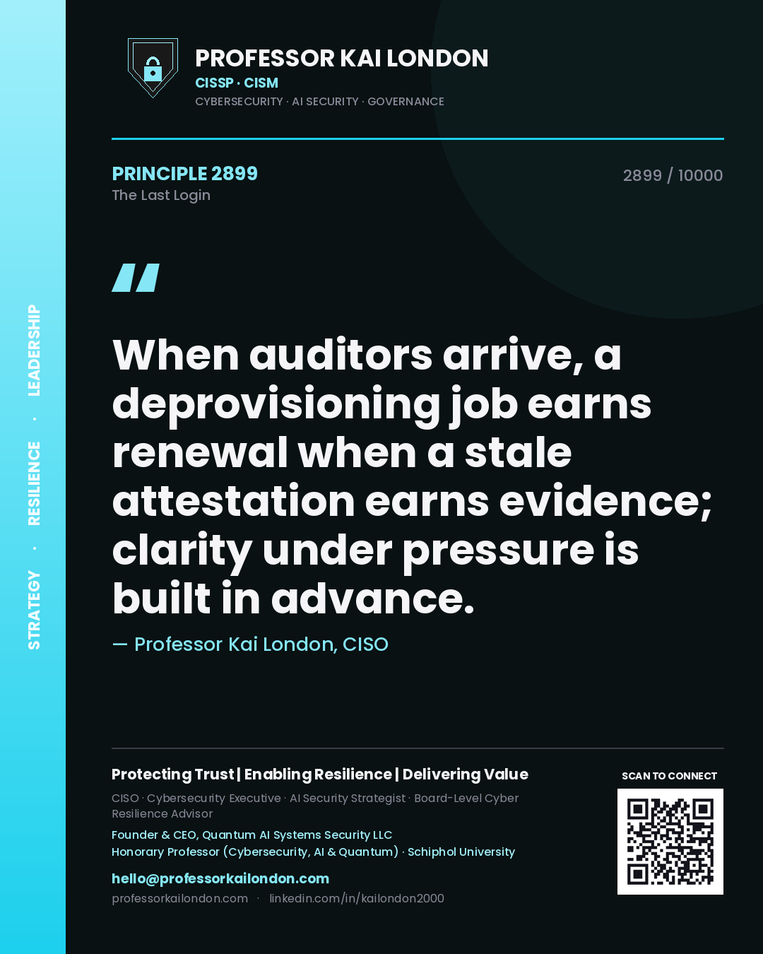Professor Kai London principle 2899: When auditors arrive, a deprovisioning job earns renewal when a stale attestation earns evidence; clarity under pressure is built in advance.