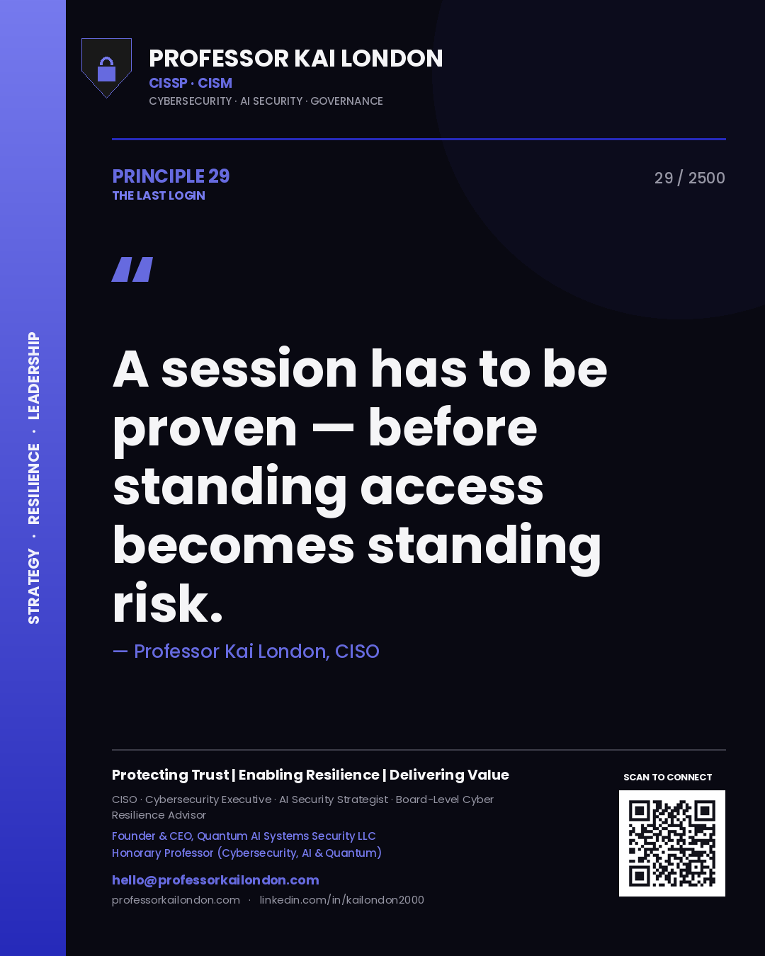 Quote card by Professor Kai London reading 'A session has to be proven — before standing access becomes standing risk.'. From the book The Last Login.