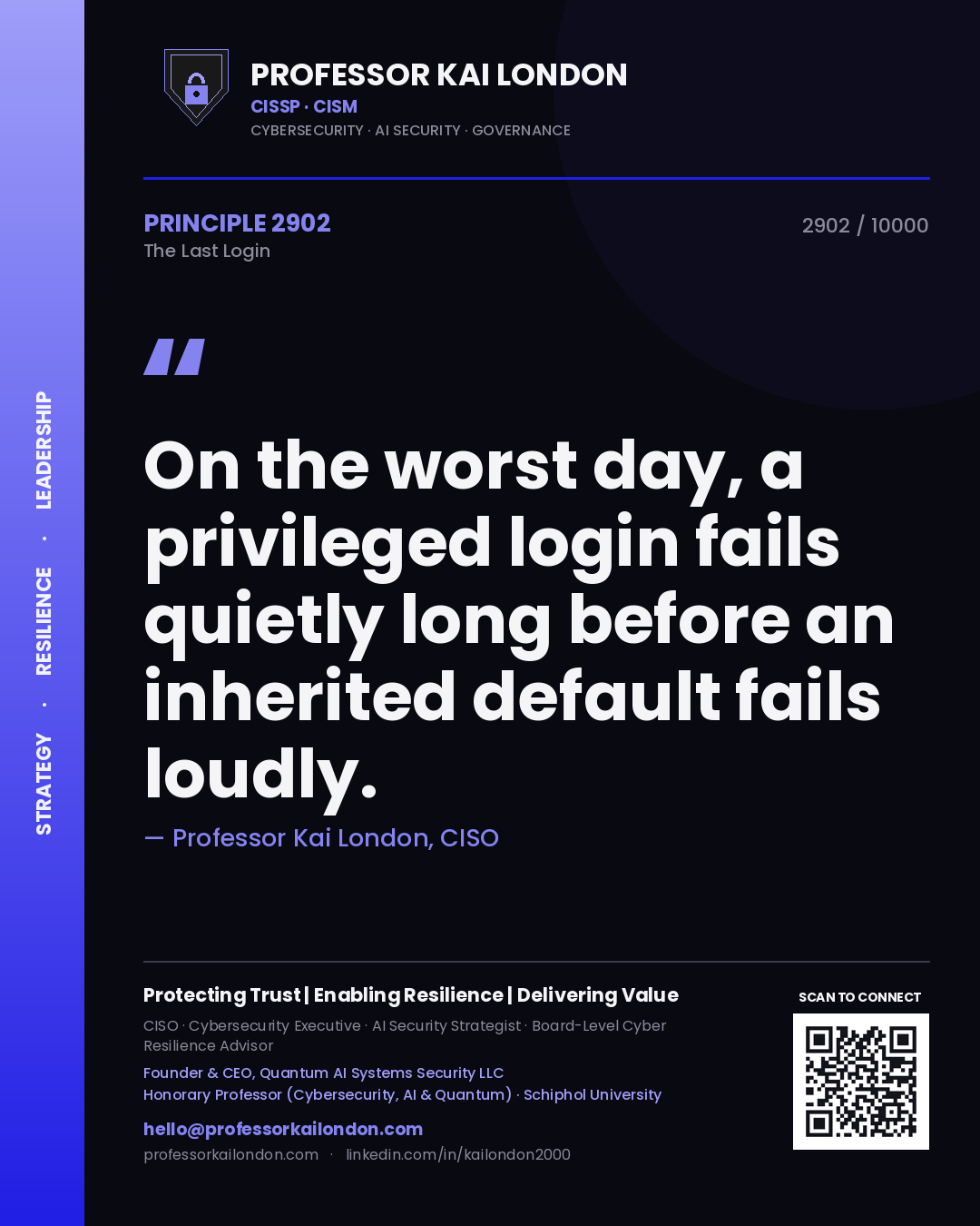 Professor Kai London principle 2902: On the worst day, a privileged login fails quietly long before an inherited default fails loudly.