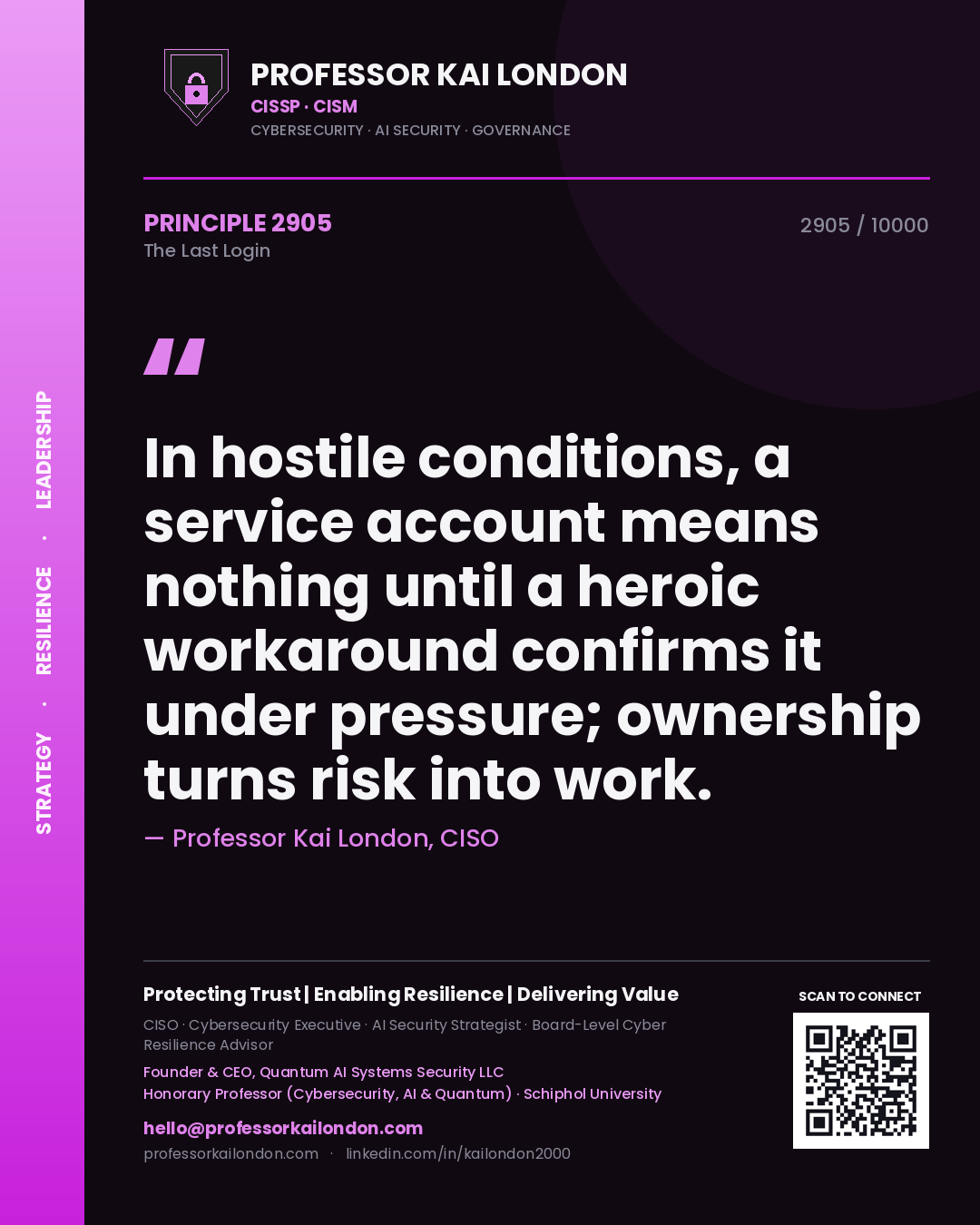Quote card by Professor Kai London reading 'In hostile conditions, a service account means nothing until a heroic workaround confirms it under pressure; ownership turns risk into work.'. From the book The Last Login.
