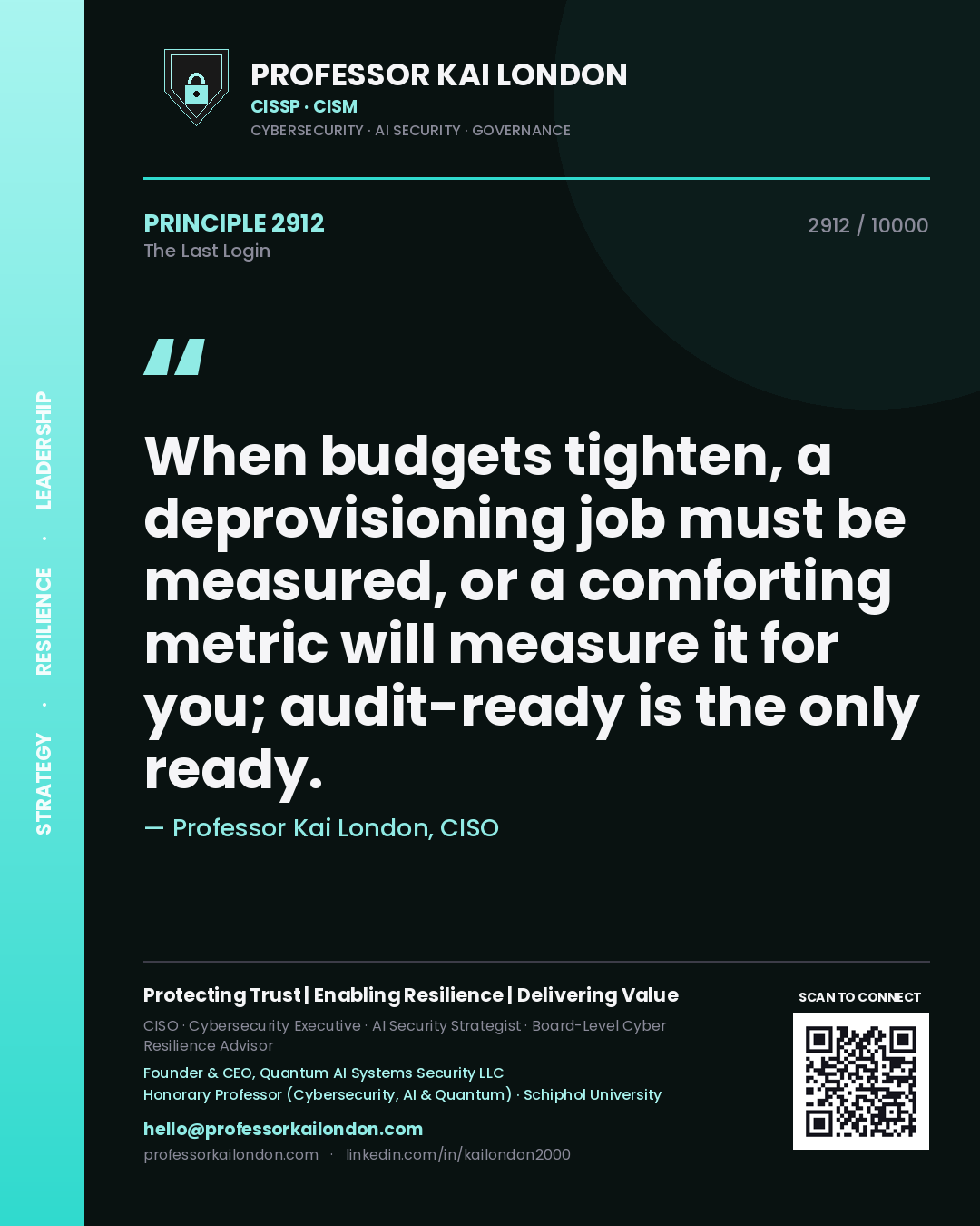Quote card by Professor Kai London reading 'When budgets tighten, a deprovisioning job must be measured, or a comforting metric will measure it for you; audit-ready is the only ready.'. From the book The Last Login.