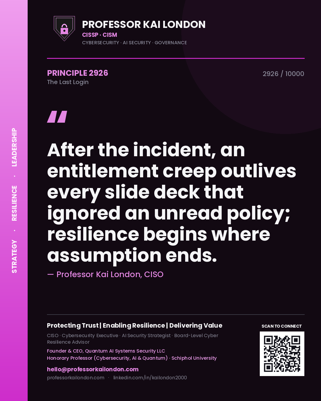 Quote card by Professor Kai London reading 'After the incident, an entitlement creep outlives every slide deck that ignored an unread policy; resilience begins where assumption ends.'. From the book The Last Login.