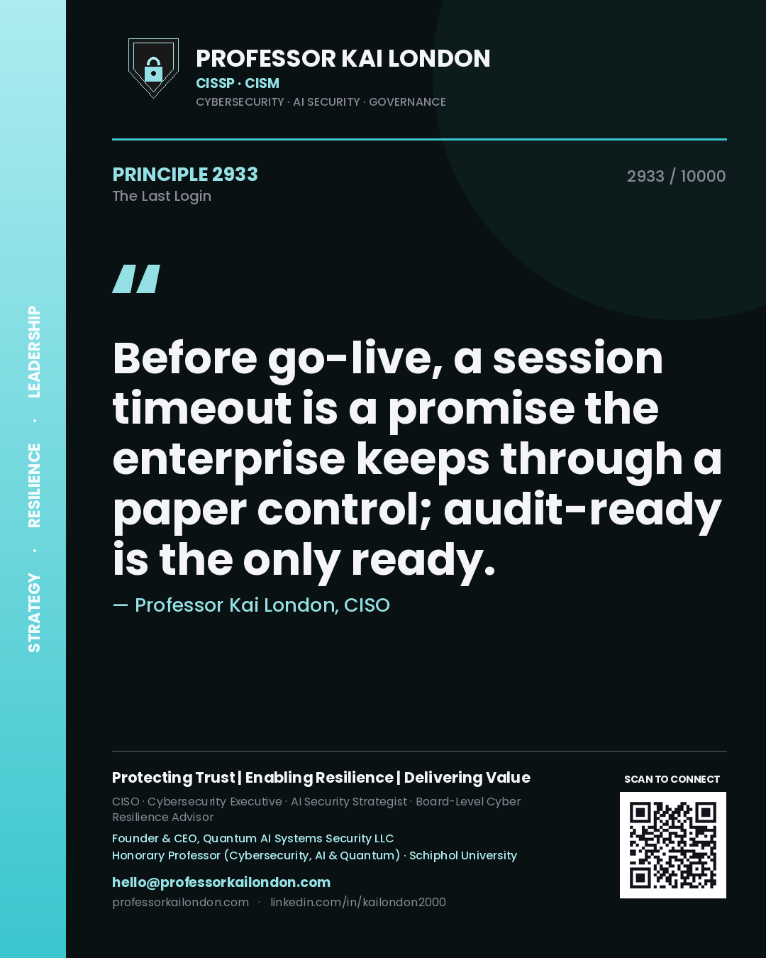 Professor Kai London principle 2933: Before go-live, a session timeout is a promise the enterprise keeps through a paper control; audit-ready is the only ready.