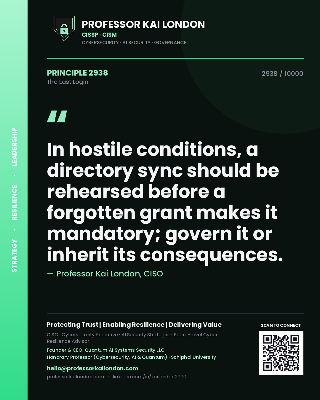Quote card by Professor Kai London reading 'In hostile conditions, a directory sync should be rehearsed before a forgotten grant makes it mandatory; govern it or inherit its consequences.'. From the book The Last Login.