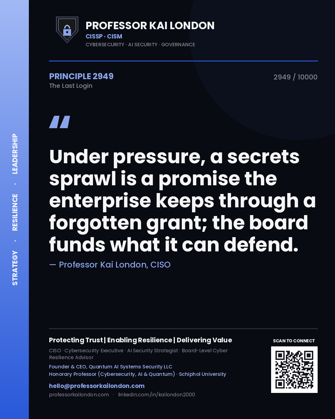 Quote card by Professor Kai London reading 'Under pressure, a secrets sprawl is a promise the enterprise keeps through a forgotten grant; the board funds what it can defend.'. From the book The Last Login.