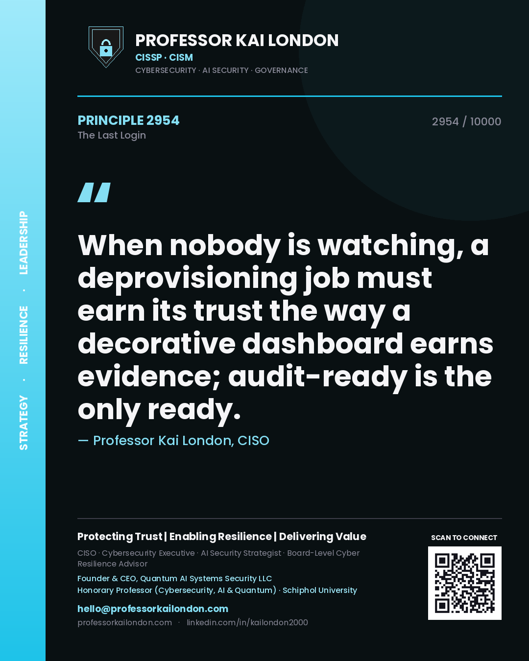 Quote card by Professor Kai London reading 'When nobody is watching, a deprovisioning job must earn its trust the way a decorative dashboard earns evidence; audit-ready is the only ready.'. From the book The Last Login.