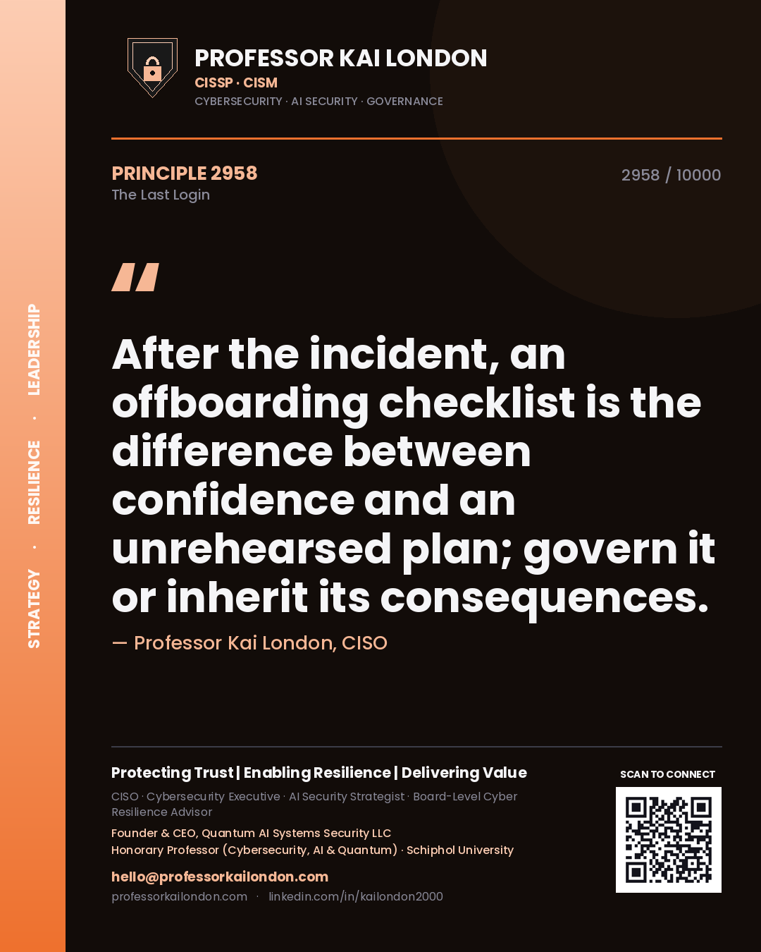Quote card by Professor Kai London reading 'After the incident, an offboarding checklist is the difference between confidence and an unrehearsed plan; govern it or inherit its consequences.'. From the book The Last Login.