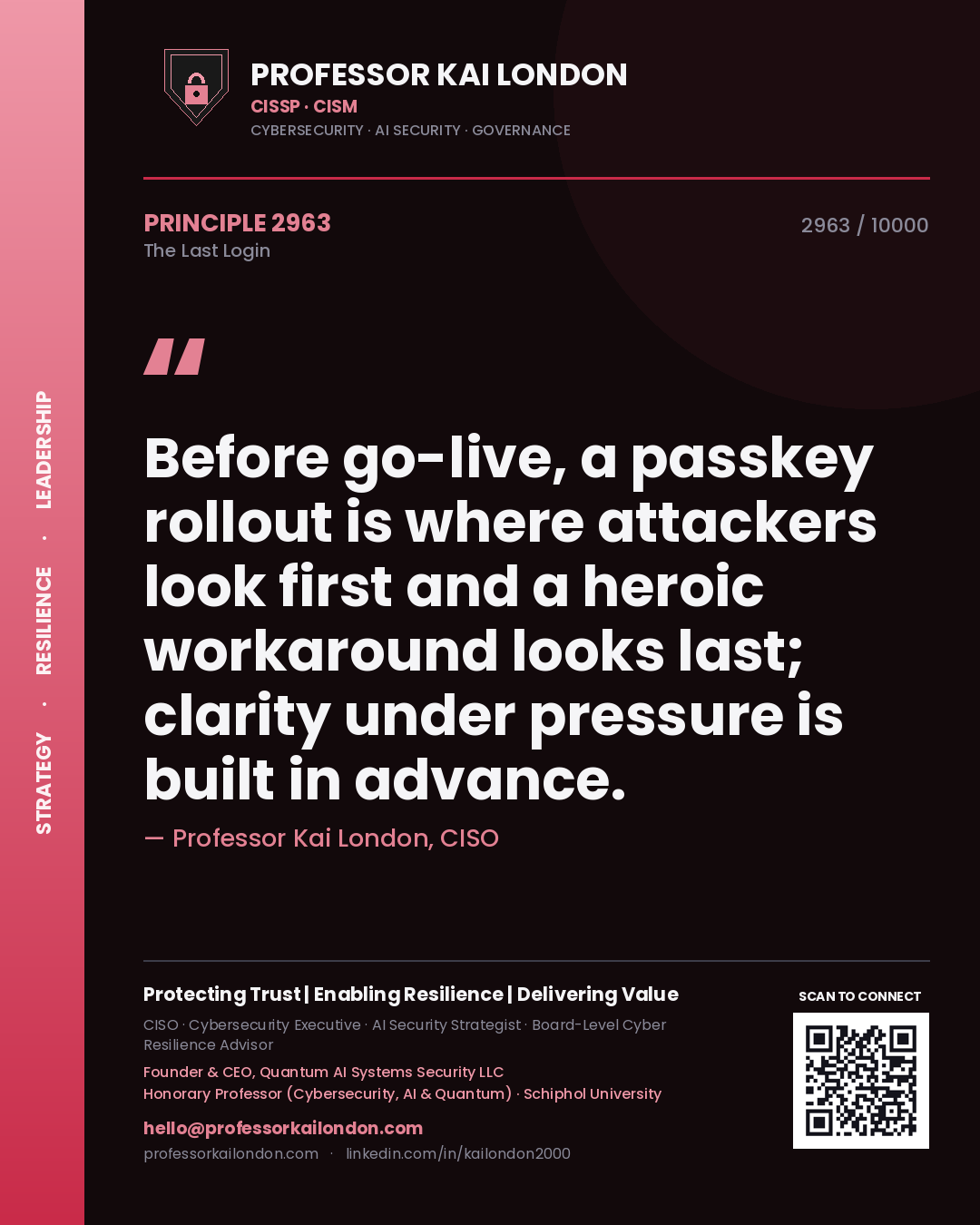 Professor Kai London principle 2963: Before go-live, a passkey rollout is where attackers look first and a heroic workaround looks last; clarity under pressure is built in advance.