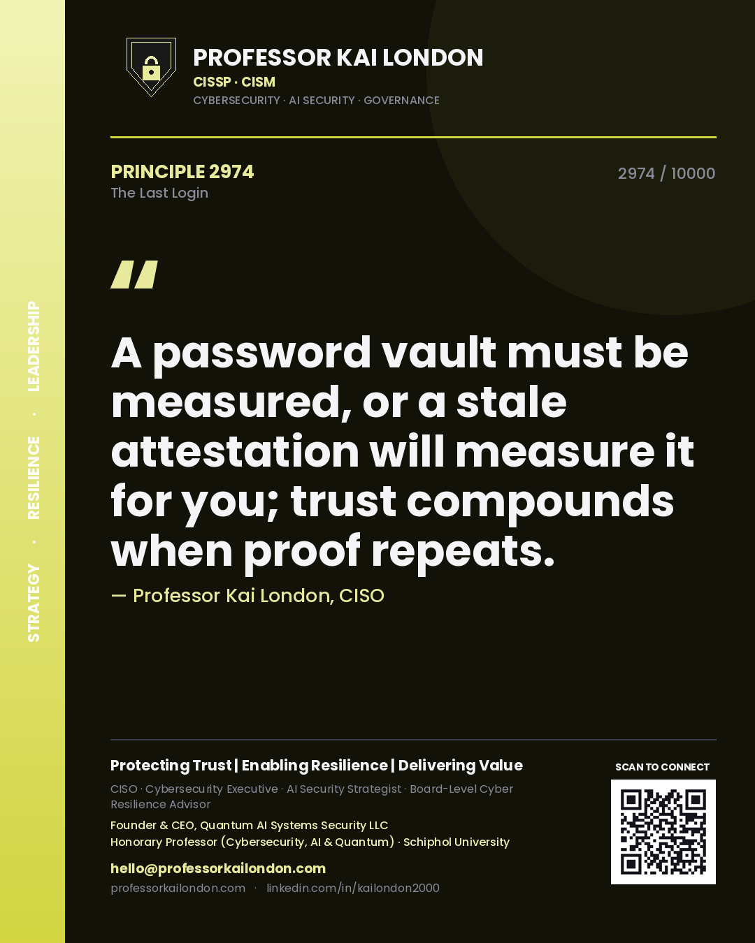 Quote card by Professor Kai London reading 'A password vault must be measured, or a stale attestation will measure it for you; trust compounds when proof repeats.'. From the book The Last Login.