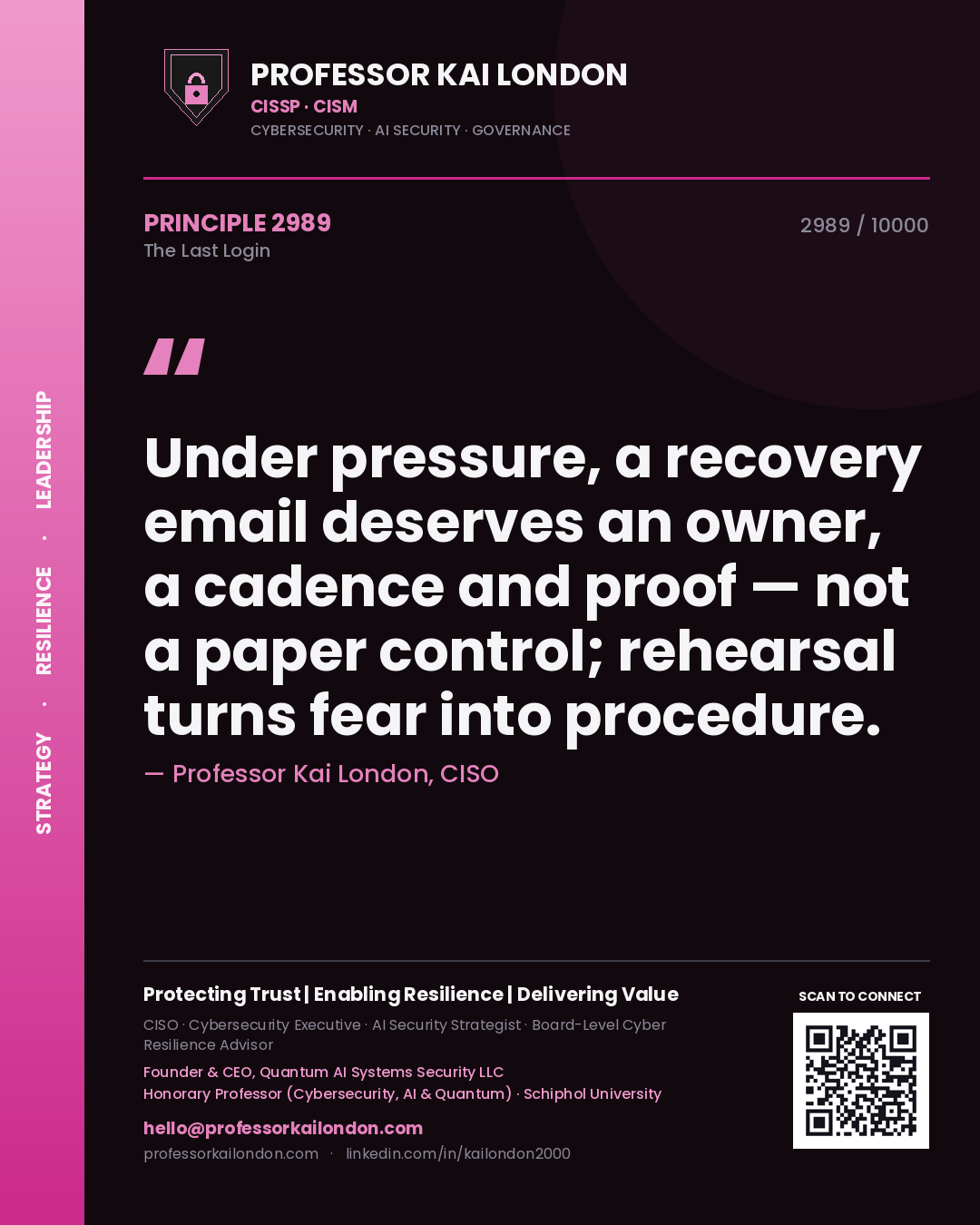 Professor Kai London principle 2989: Under pressure, a recovery email deserves an owner, a cadence and proof — not a paper control; rehearsal turns fear into procedure.