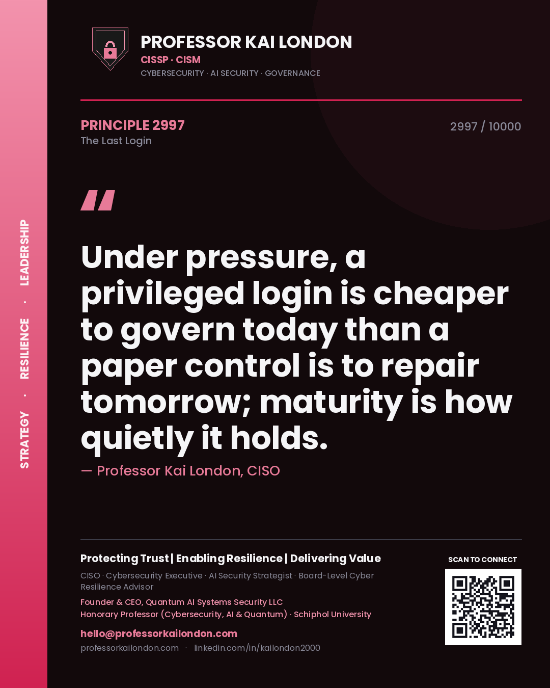 Quote card by Professor Kai London reading 'Under pressure, a privileged login is cheaper to govern today than a paper control is to repair tomorrow; maturity is how quietly it holds.'. From the book The Last Login.