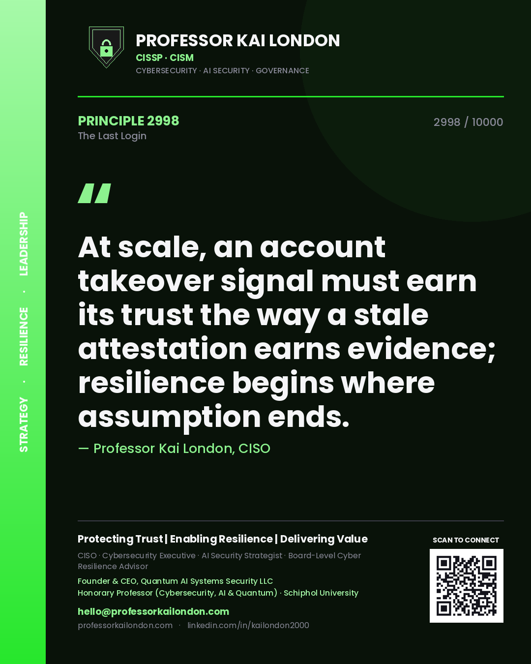 Quote card by Professor Kai London reading 'At scale, an account takeover signal must earn its trust the way a stale attestation earns evidence; resilience begins where assumption ends.'. From the book The Last Login.
