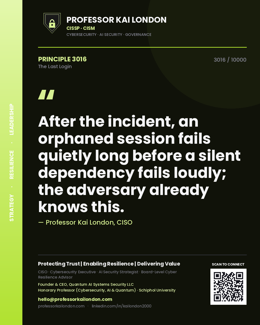 Quote card by Professor Kai London reading 'After the incident, an orphaned session fails quietly long before a silent dependency fails loudly; the adversary already knows this.'. From the book The Last Login.