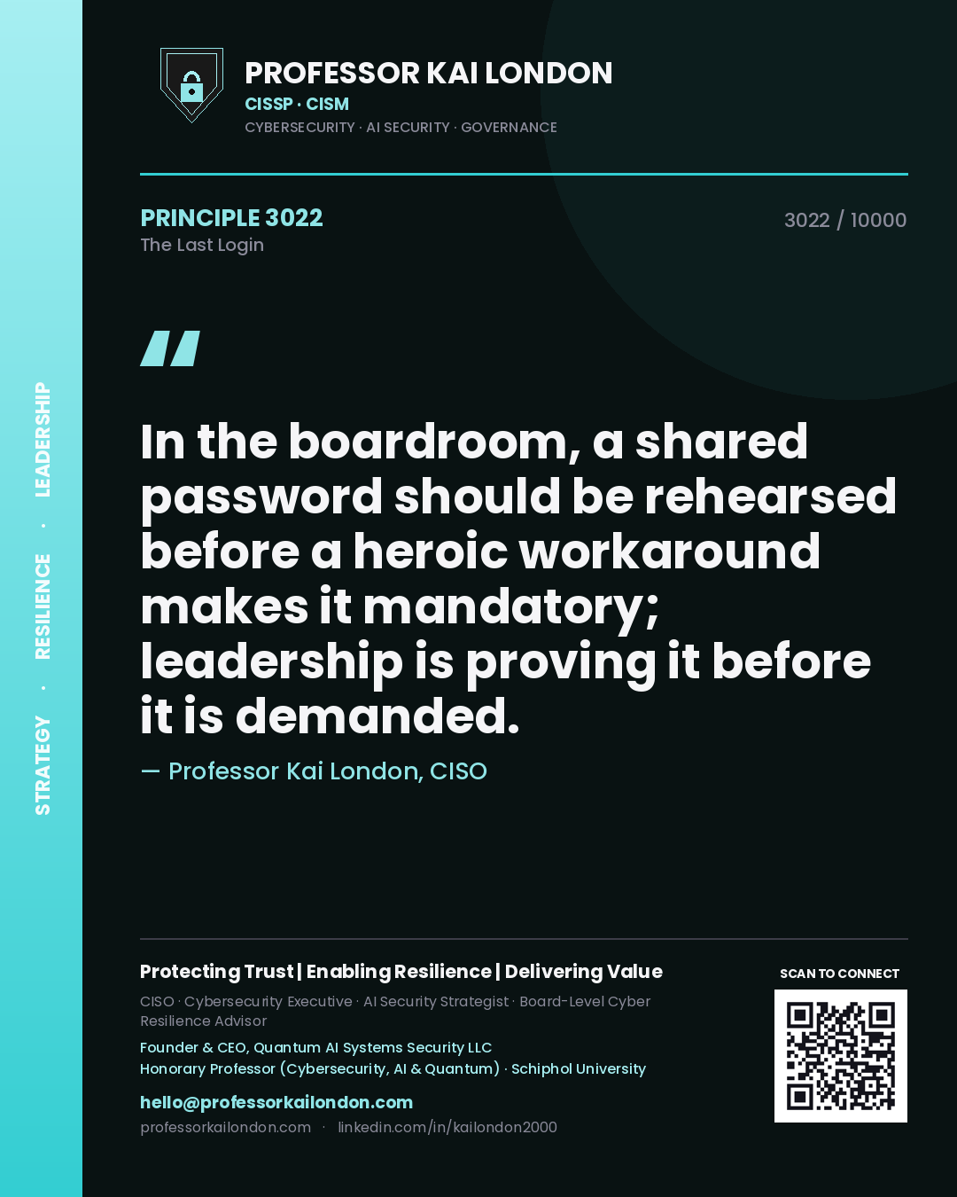 Quote card by Professor Kai London reading 'In the boardroom, a shared password should be rehearsed before a heroic workaround makes it mandatory; leadership is proving it before it is demanded.'. From the book The Last Login.