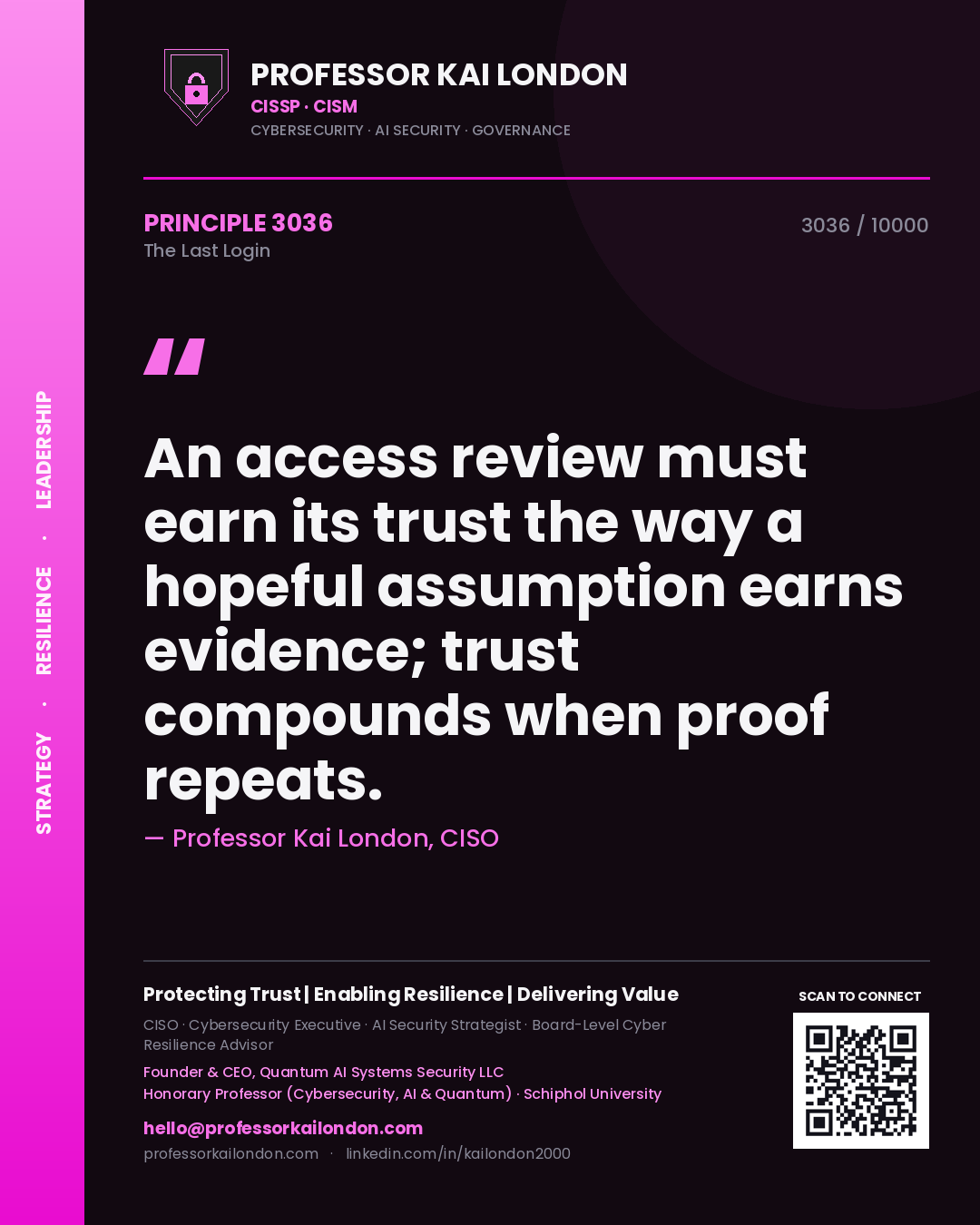 Professor Kai London principle 3036: An access review must earn its trust the way a hopeful assumption earns evidence; trust compounds when proof repeats.