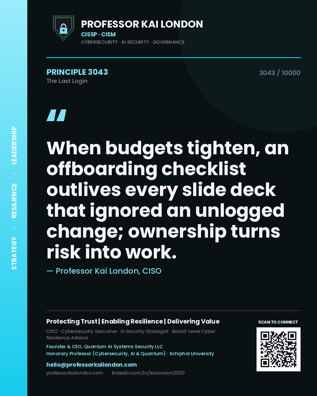 Quote card by Professor Kai London reading 'When budgets tighten, an offboarding checklist outlives every slide deck that ignored an unlogged change; ownership turns risk into work.'. From the book The Last Login.