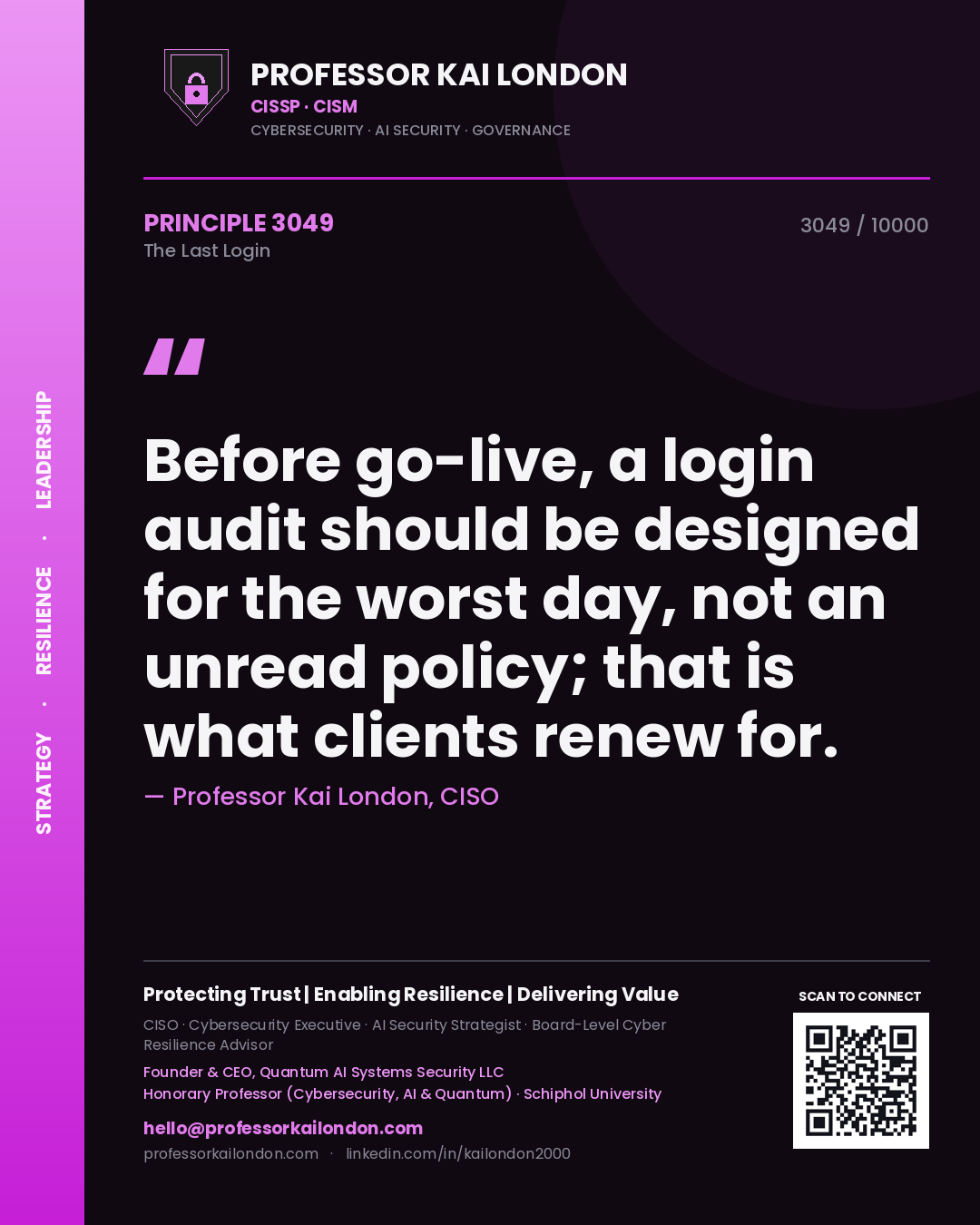 Quote card by Professor Kai London reading 'Before go-live, a login audit should be designed for the worst day, not an unread policy; that is what clients renew for.'. From the book The Last Login.