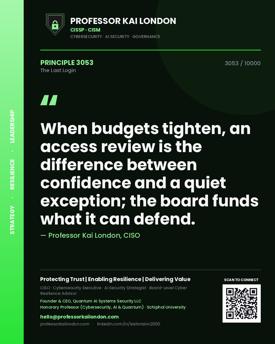 Quote card by Professor Kai London reading 'When budgets tighten, an access review is the difference between confidence and a quiet exception; the board funds what it can defend.'. From the book The Last Login.