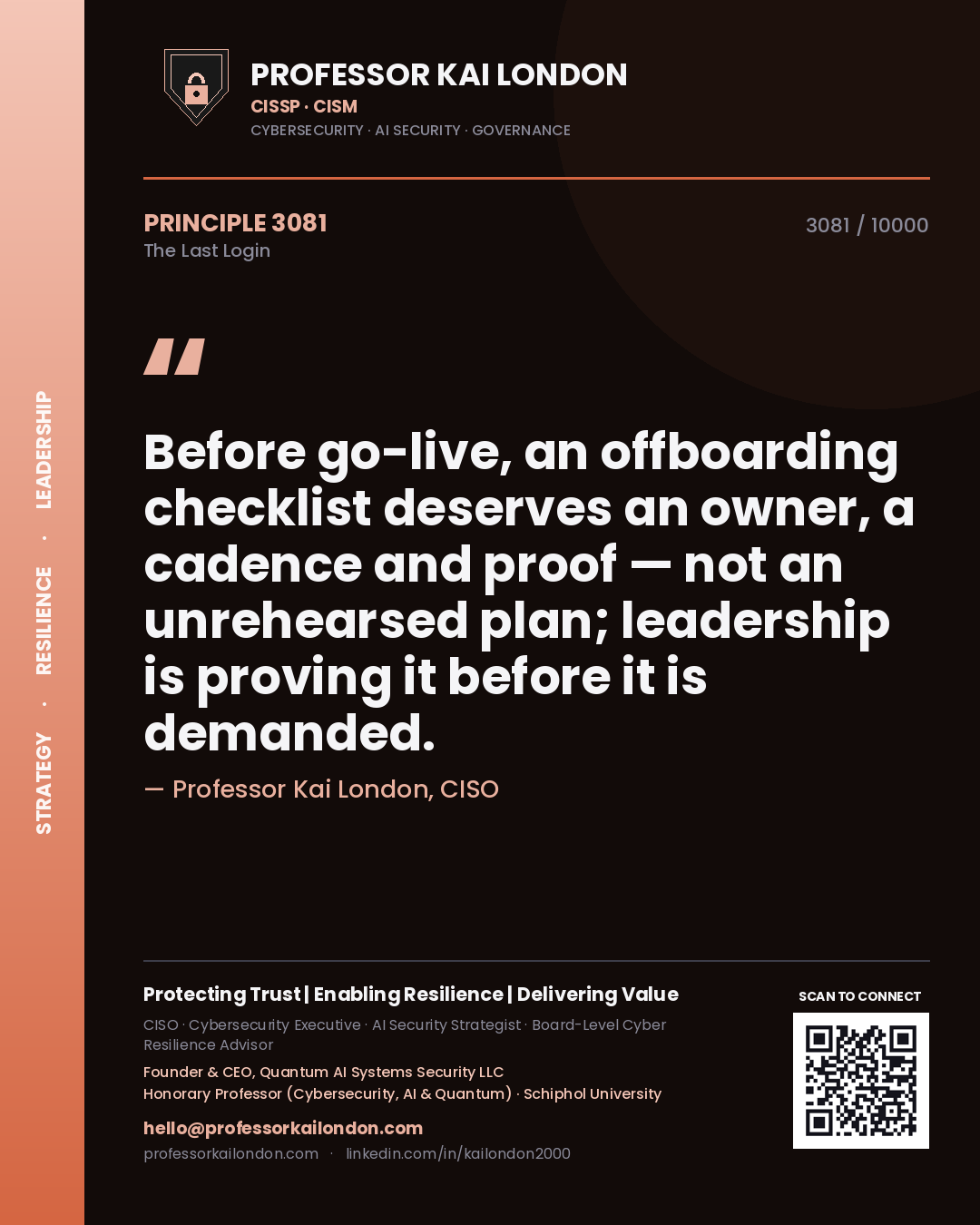 Professor Kai London principle 3081: Before go-live, an offboarding checklist deserves an owner, a cadence and proof — not an unrehearsed plan; leadership is proving it before it is demanded.