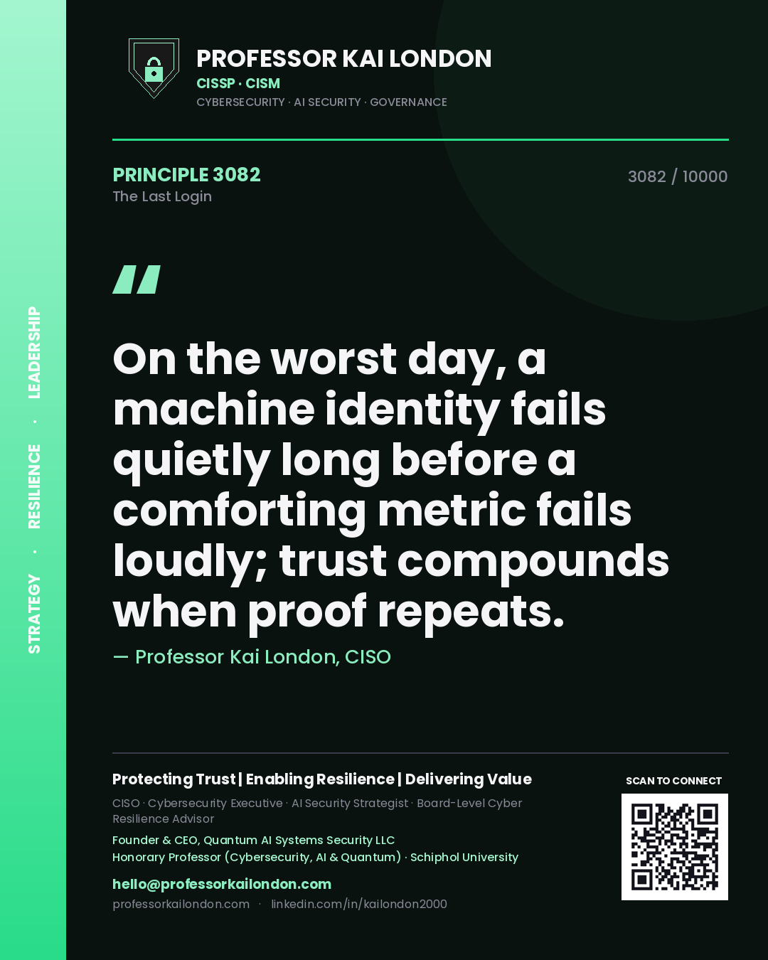 Professor Kai London principle 3082: On the worst day, a machine identity fails quietly long before a comforting metric fails loudly; trust compounds when proof repeats.