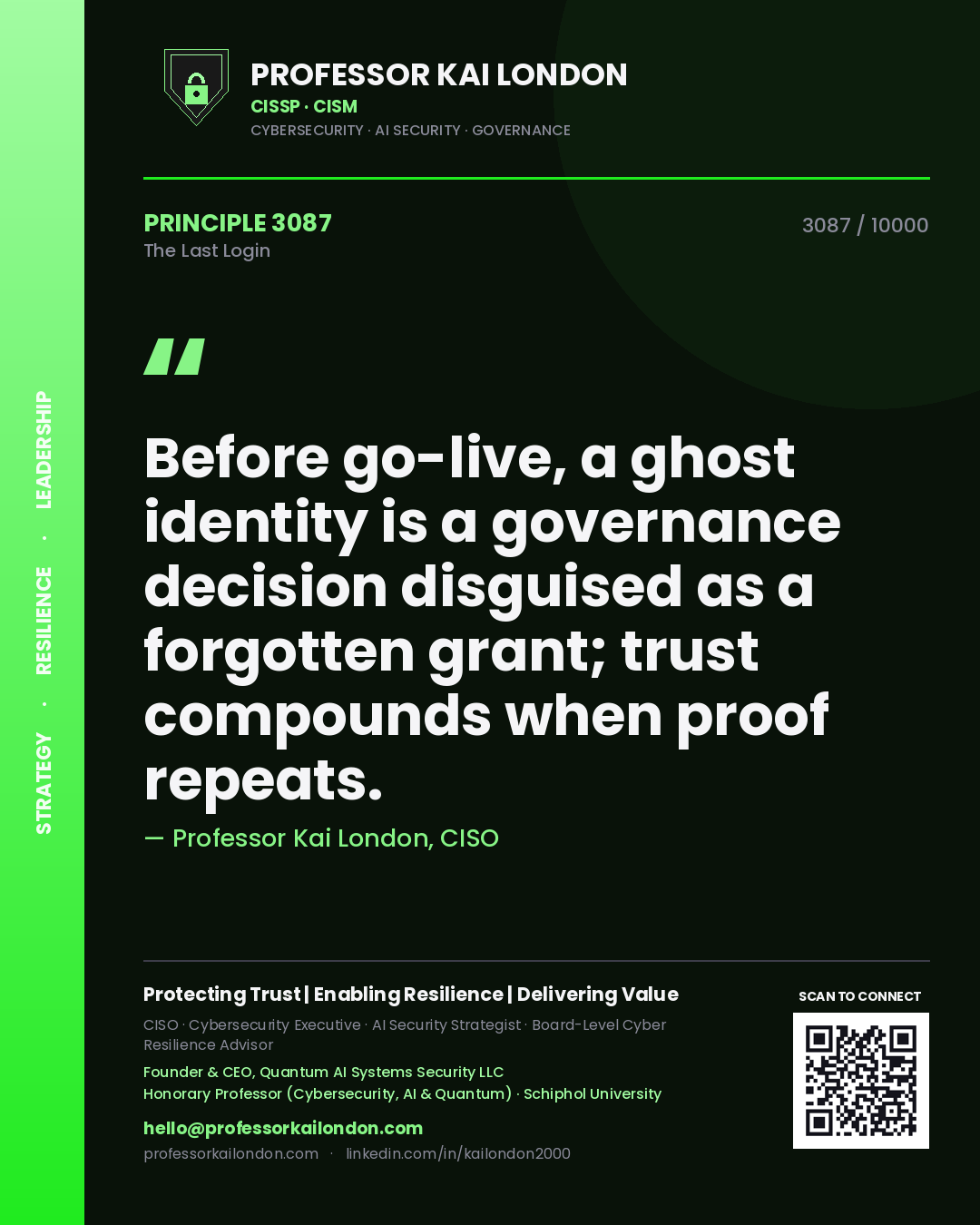 Quote card by Professor Kai London reading 'Before go-live, a ghost identity is a governance decision disguised as a forgotten grant; trust compounds when proof repeats.'. From the book The Last Login.