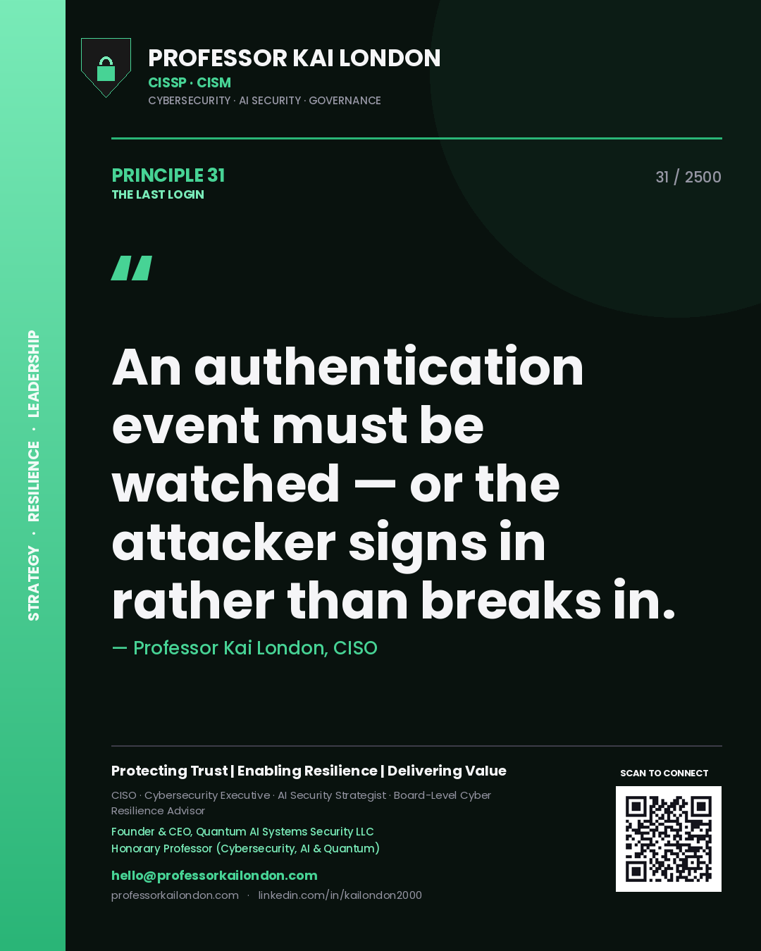 Quote card by Professor Kai London reading 'An authentication event must be watched — or the attacker signs in rather than breaks in.'. From the book The Last Login.