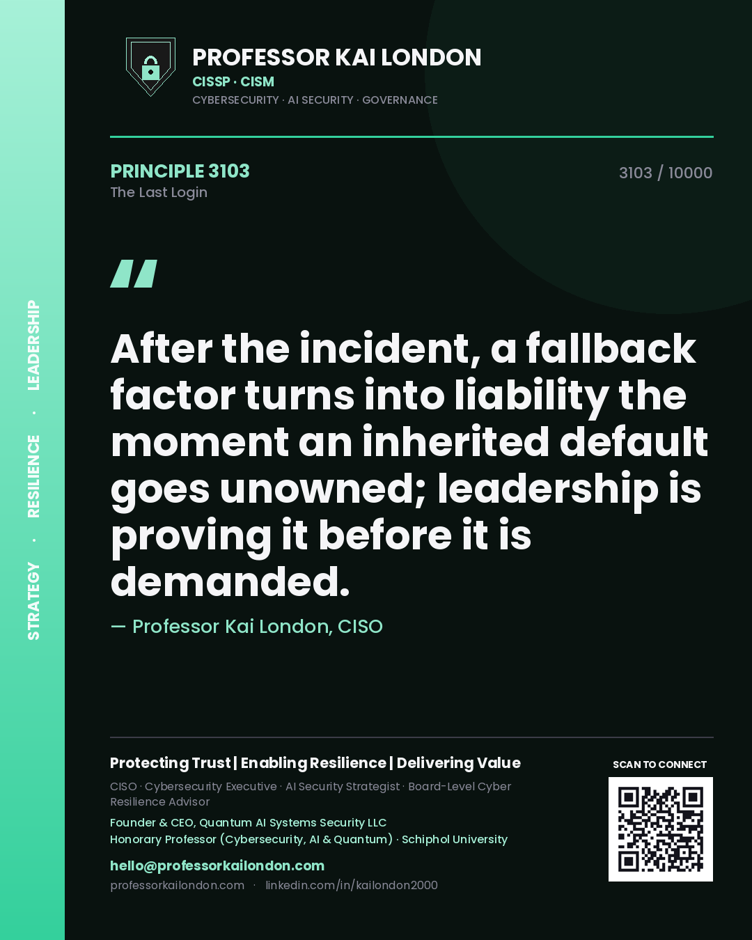 Professor Kai London principle 3103: After the incident, a fallback factor turns into liability the moment an inherited default goes unowned; leadership is proving it before it is demanded.