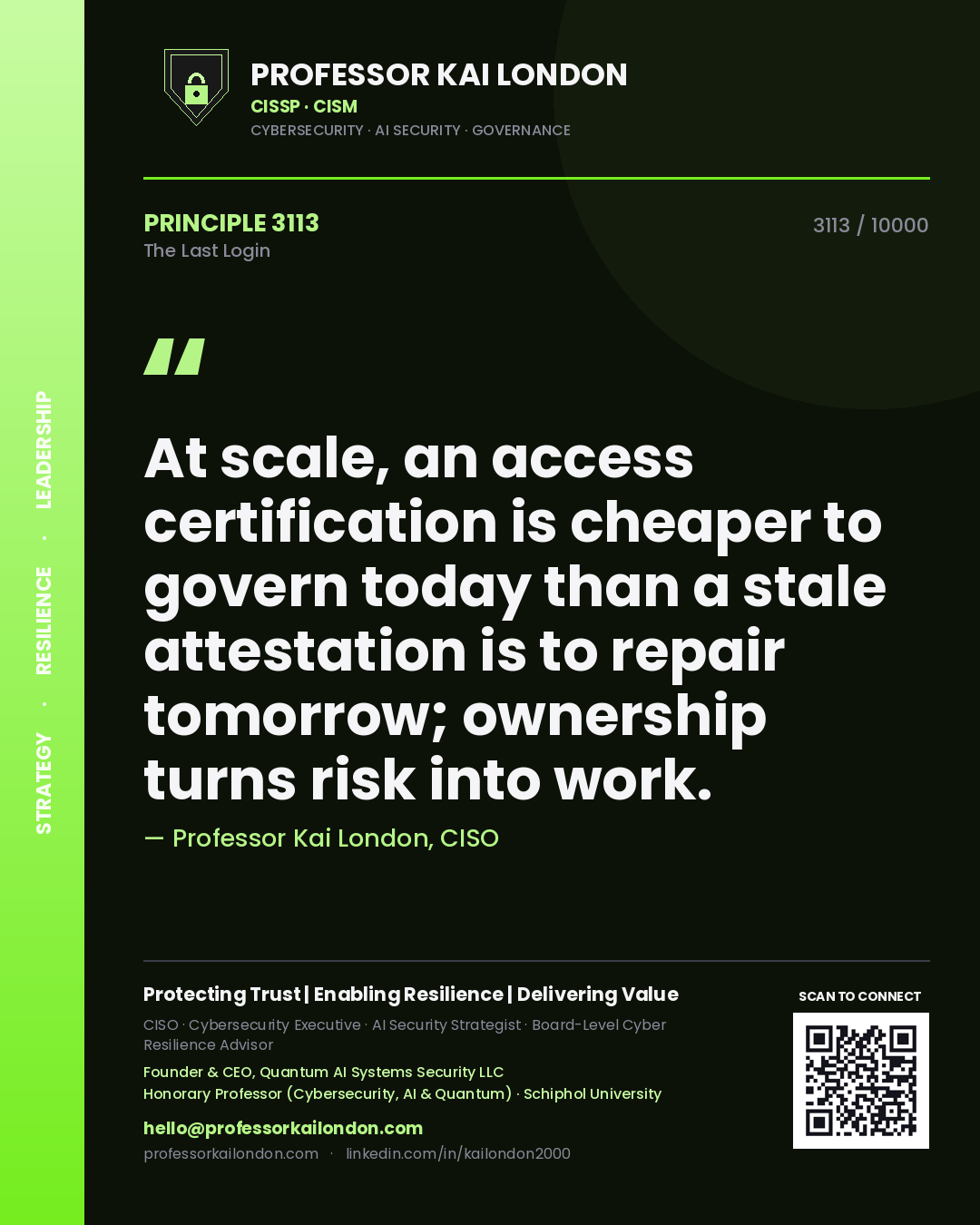 Professor Kai London principle 3113: At scale, an access certification is cheaper to govern today than a stale attestation is to repair tomorrow; ownership turns risk into work.