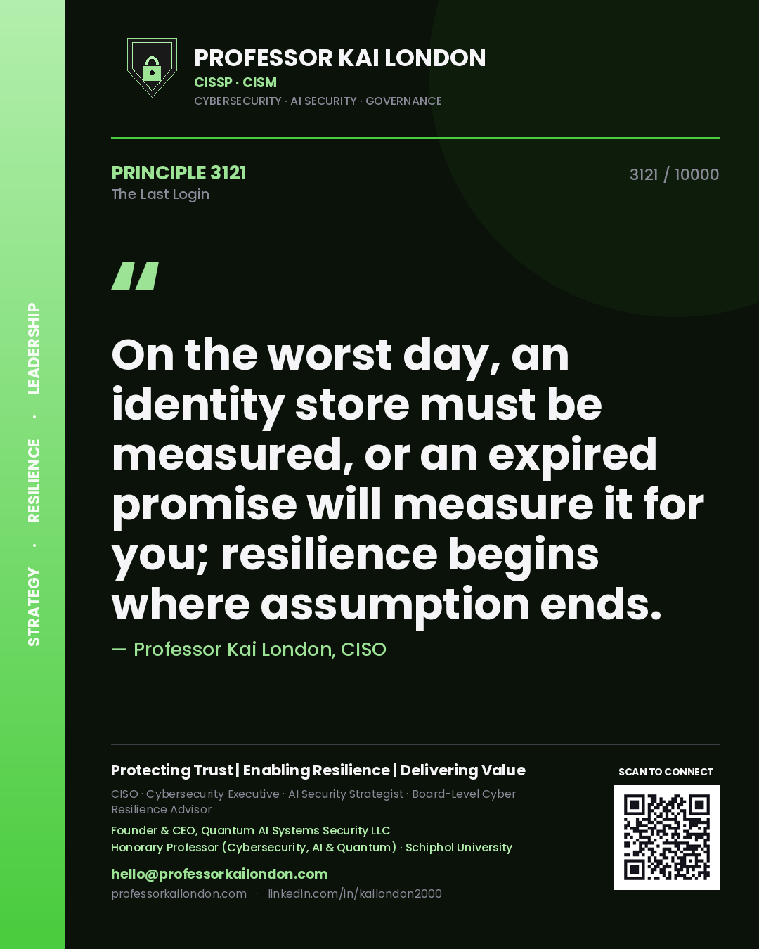 Quote card by Professor Kai London reading 'On the worst day, an identity store must be measured, or an expired promise will measure it for you; resilience begins where assumption ends.'. From the book The Last Login.