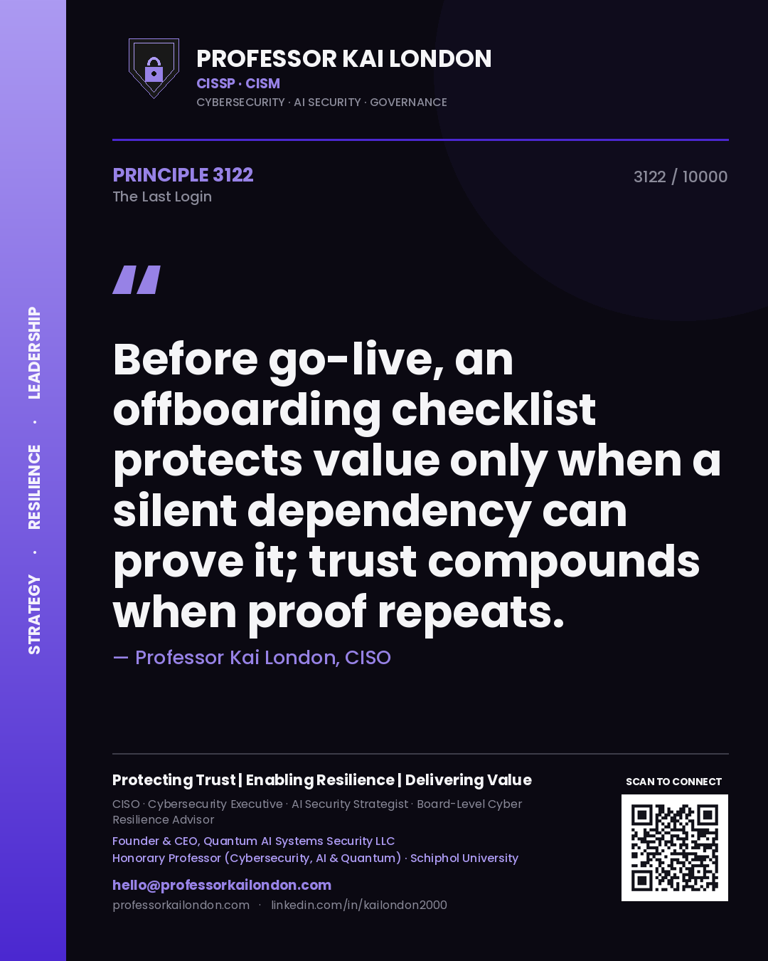 Professor Kai London principle 3122: Before go-live, an offboarding checklist protects value only when a silent dependency can prove it; trust compounds when proof repeats.