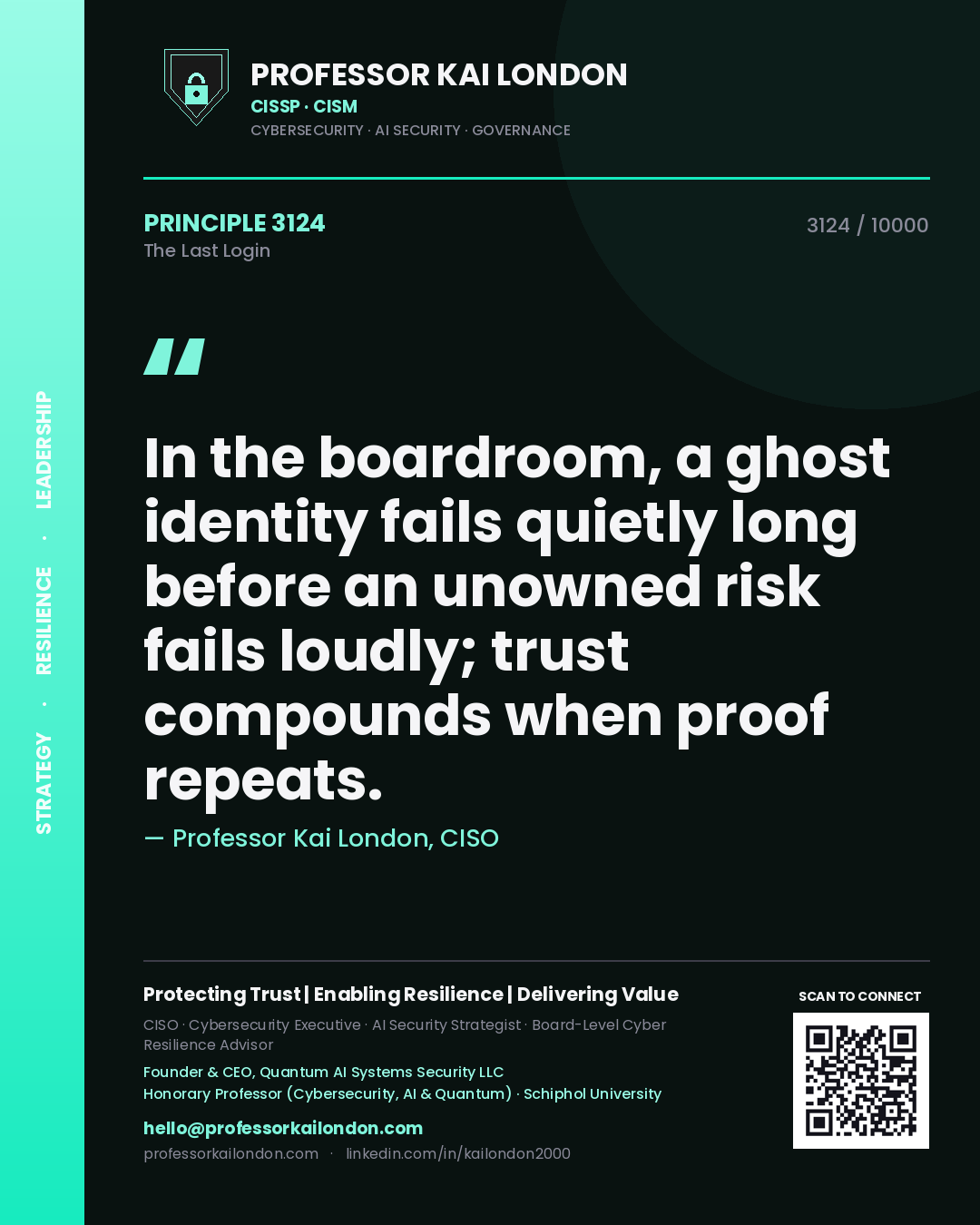 Quote card by Professor Kai London reading 'In the boardroom, a ghost identity fails quietly long before an unowned risk fails loudly; trust compounds when proof repeats.'. From the book The Last Login.