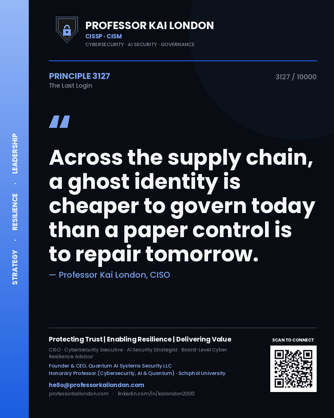 Quote card by Professor Kai London reading 'Across the supply chain, a ghost identity is cheaper to govern today than a paper control is to repair tomorrow.'. From the book The Last Login.