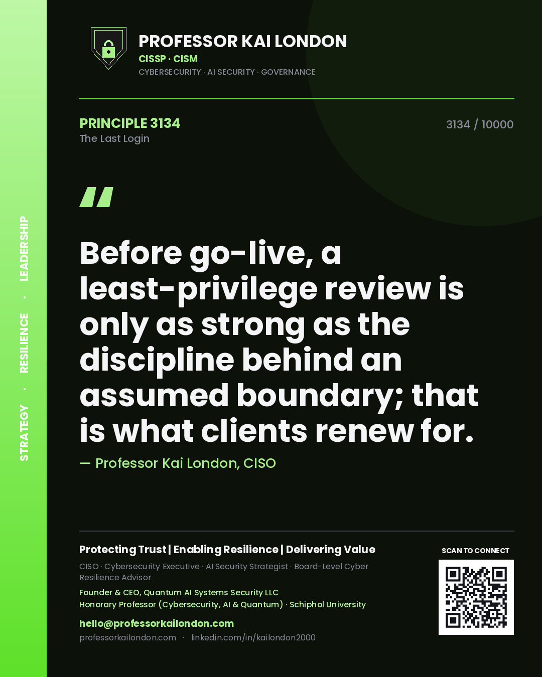 Professor Kai London principle 3134: Before go-live, a least-privilege review is only as strong as the discipline behind an assumed boundary; that is what clients renew for.