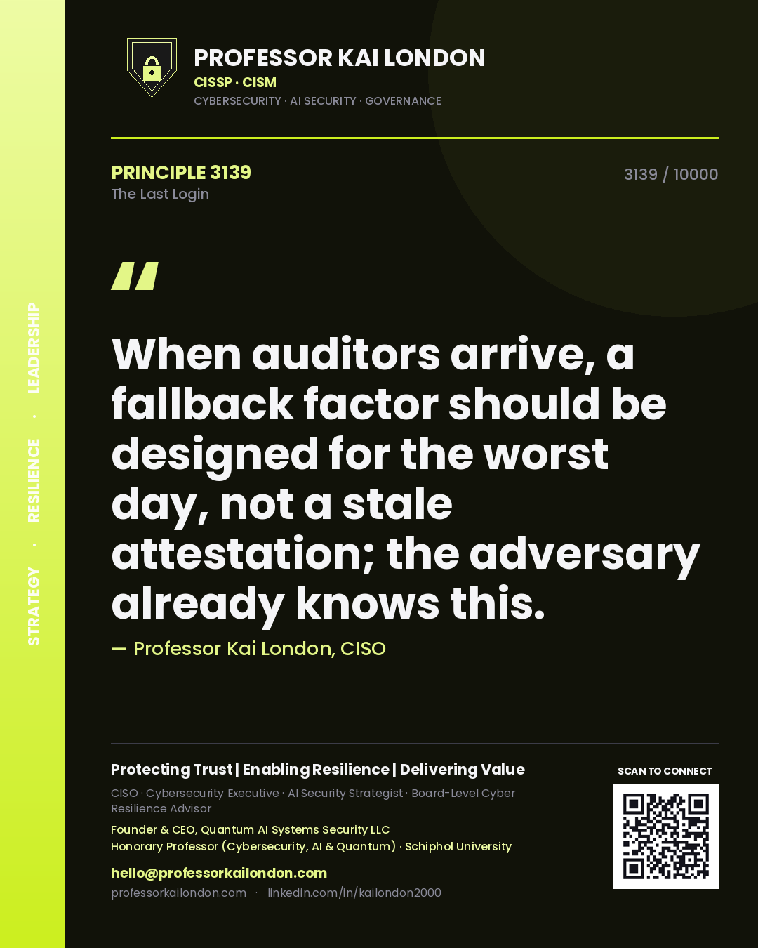 Quote card by Professor Kai London reading 'When auditors arrive, a fallback factor should be designed for the worst day, not a stale attestation; the adversary already knows this.'. From the book The Last Login.