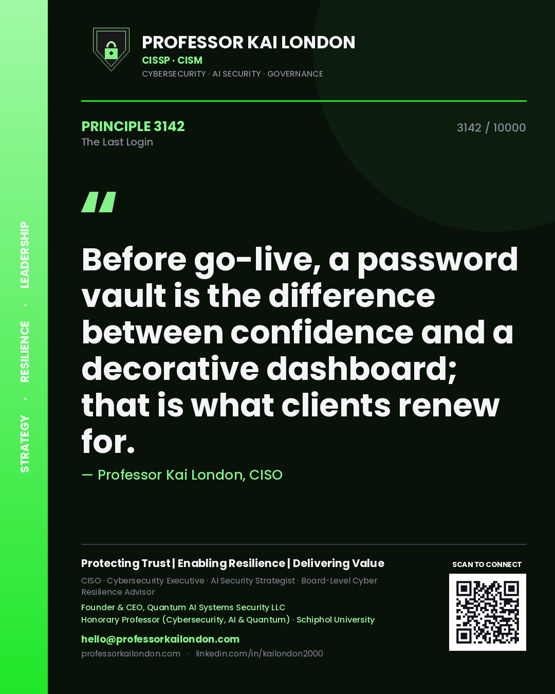 Professor Kai London principle 3142: Before go-live, a password vault is the difference between confidence and a decorative dashboard; that is what clients renew for.