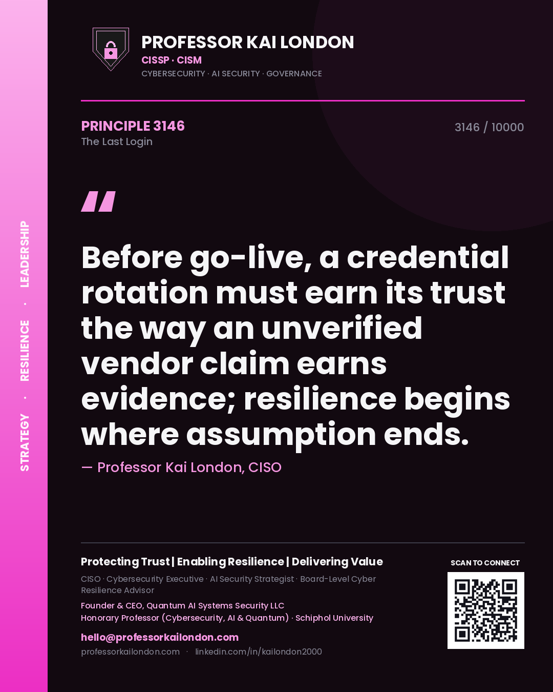 Professor Kai London principle 3146: Before go-live, a credential rotation must earn its trust the way an unverified vendor claim earns evidence; resilience begins where assumption ends.